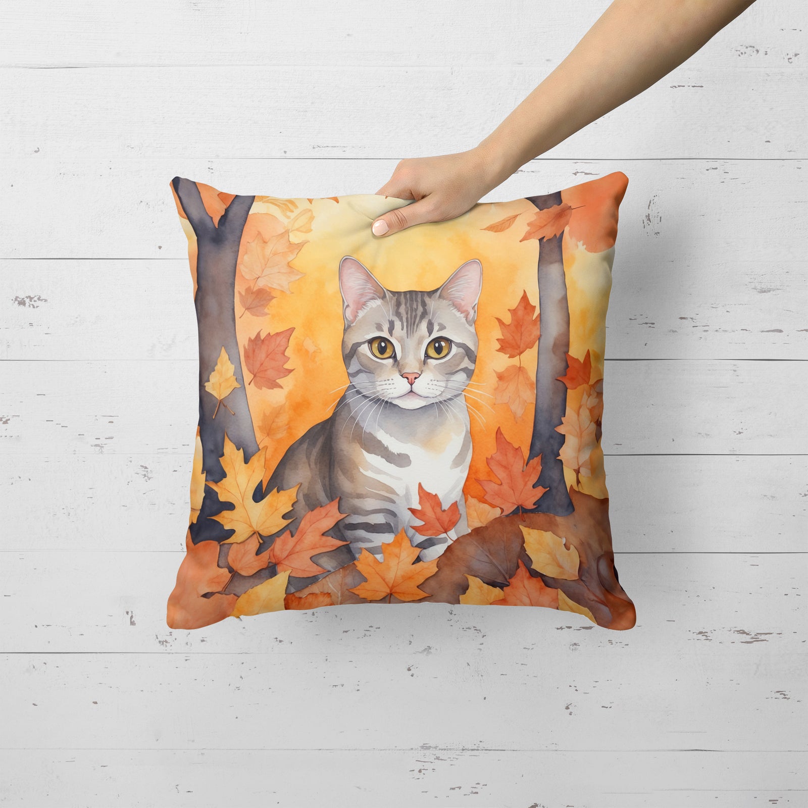 Caroline's Treasures European Shorthair Cat in Fall Leaves Throw Pillow