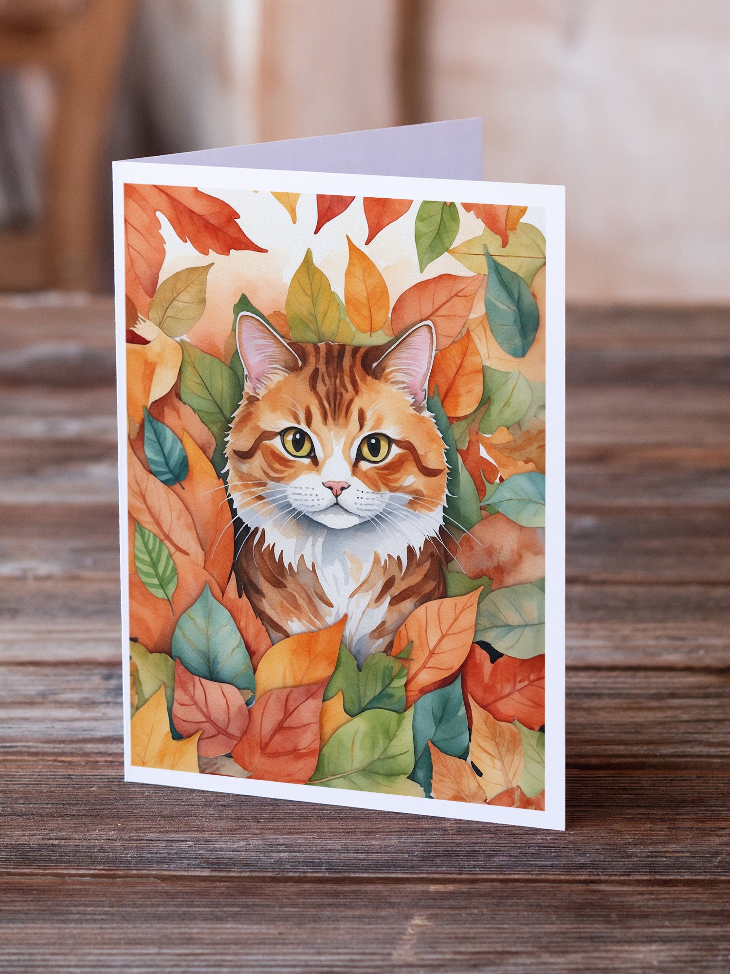 Caroline's Treasures Foldex Exotic Fold Cat in Fall Leaves Greeting Cards - Blank Note Cards – 8-Pack of Artist-Designed Cards with Envelopes