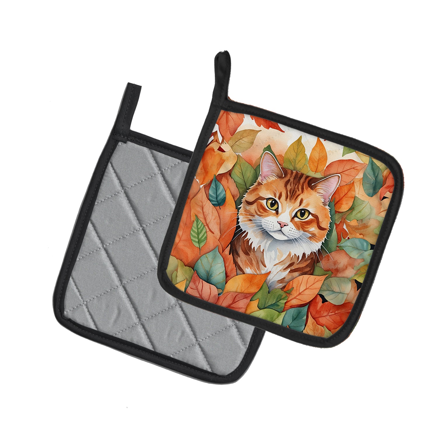 Caroline's Treasures Foldex Exotic Fold Cat in Fall Leaves Pot Holders - Set of 2 Decorative Kitchen Helpers | Made in the USA