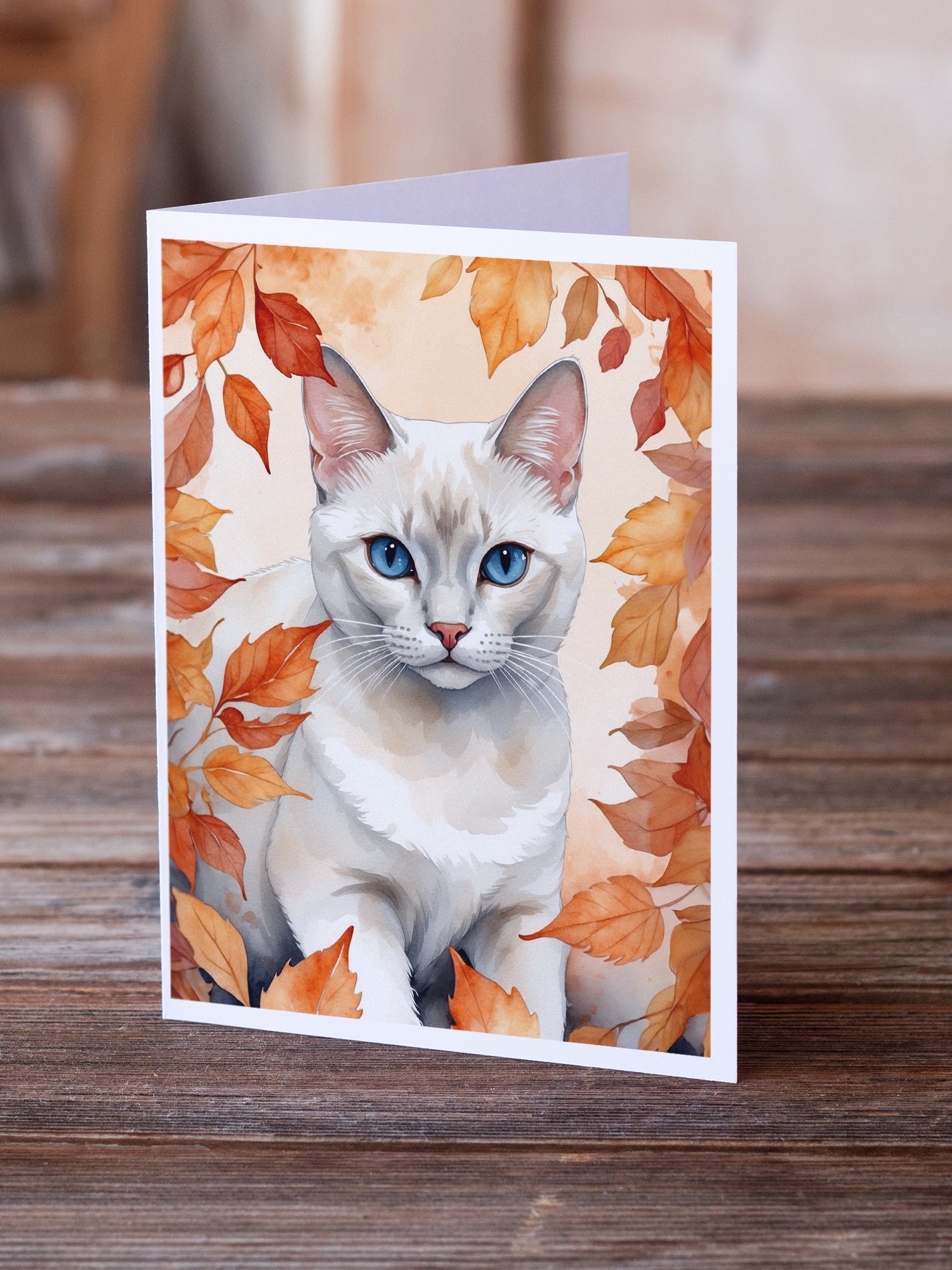 Caroline's Treasures Foreign White Cat in Fall Leaves Greeting Cards - Blank Note Cards – 8-Pack of Artist-Designed Cards with Envelopes