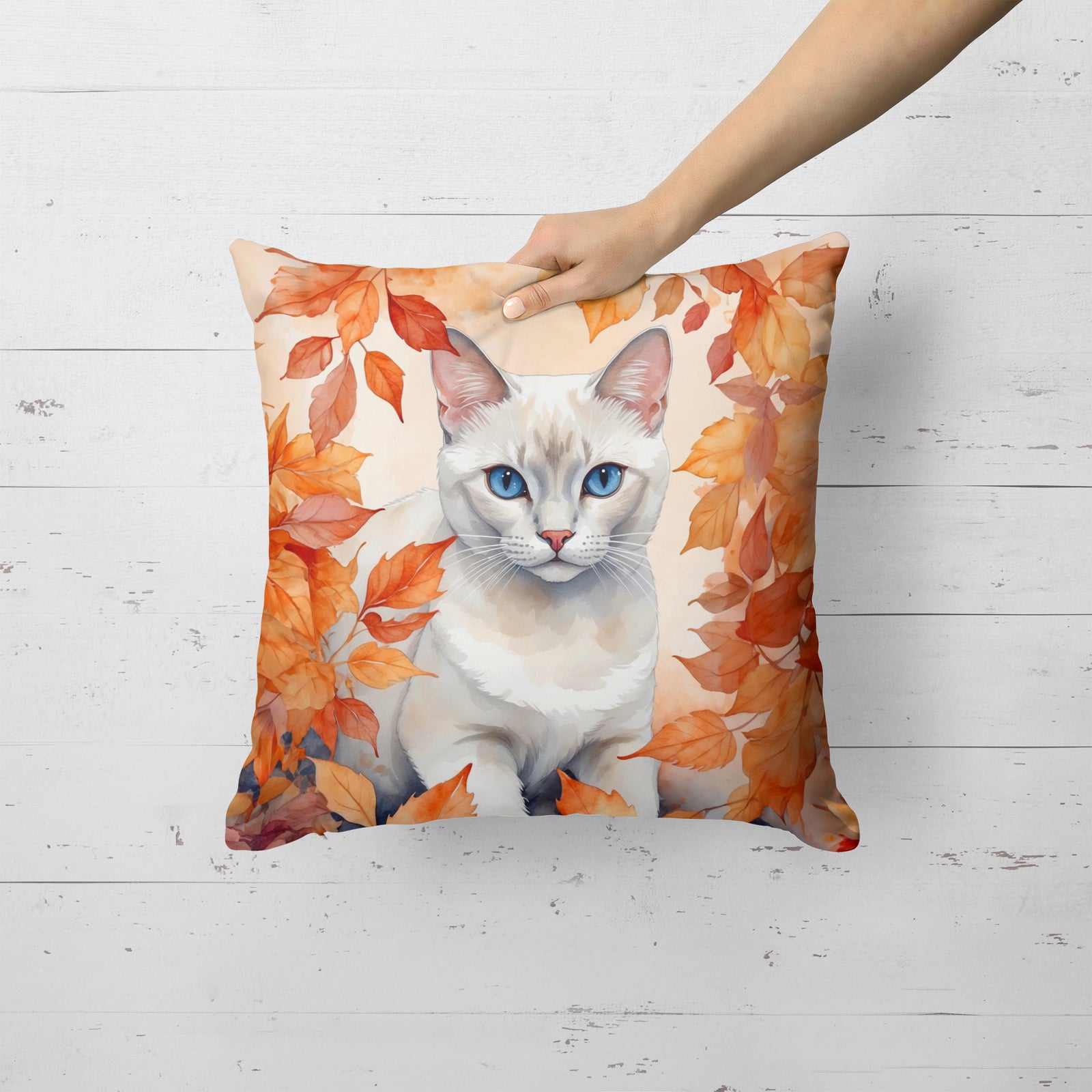 Caroline's Treasures Foreign White Cat in Fall Leaves Throw Pillow