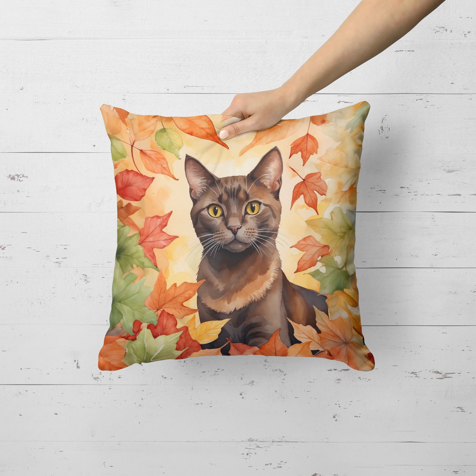 Caroline's Treasures Havana Brown Cat in Fall Leaves Throw Pillow