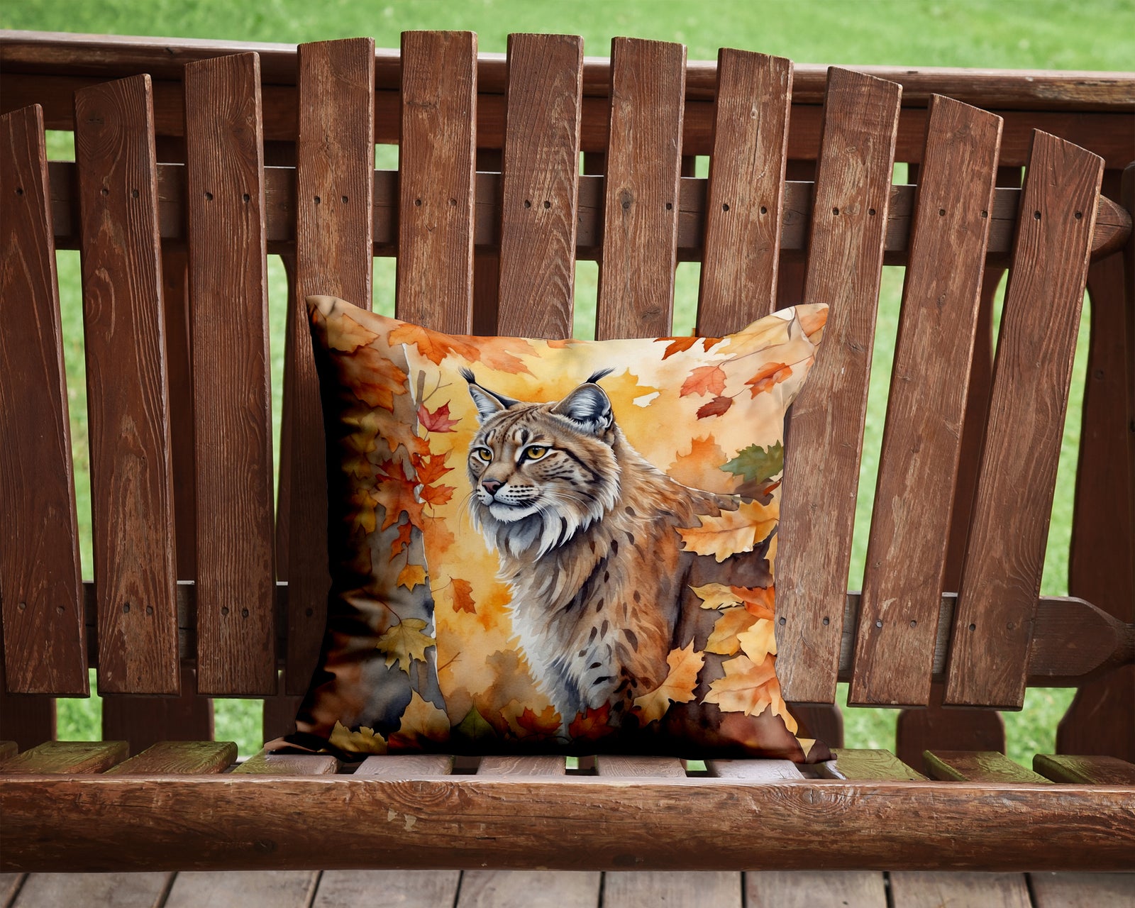 Caroline's Treasures Highlander Lynx Cat in Fall Leaves Throw Pillow - 14x14 Decorative Pillow – Art for Your Home & Patio