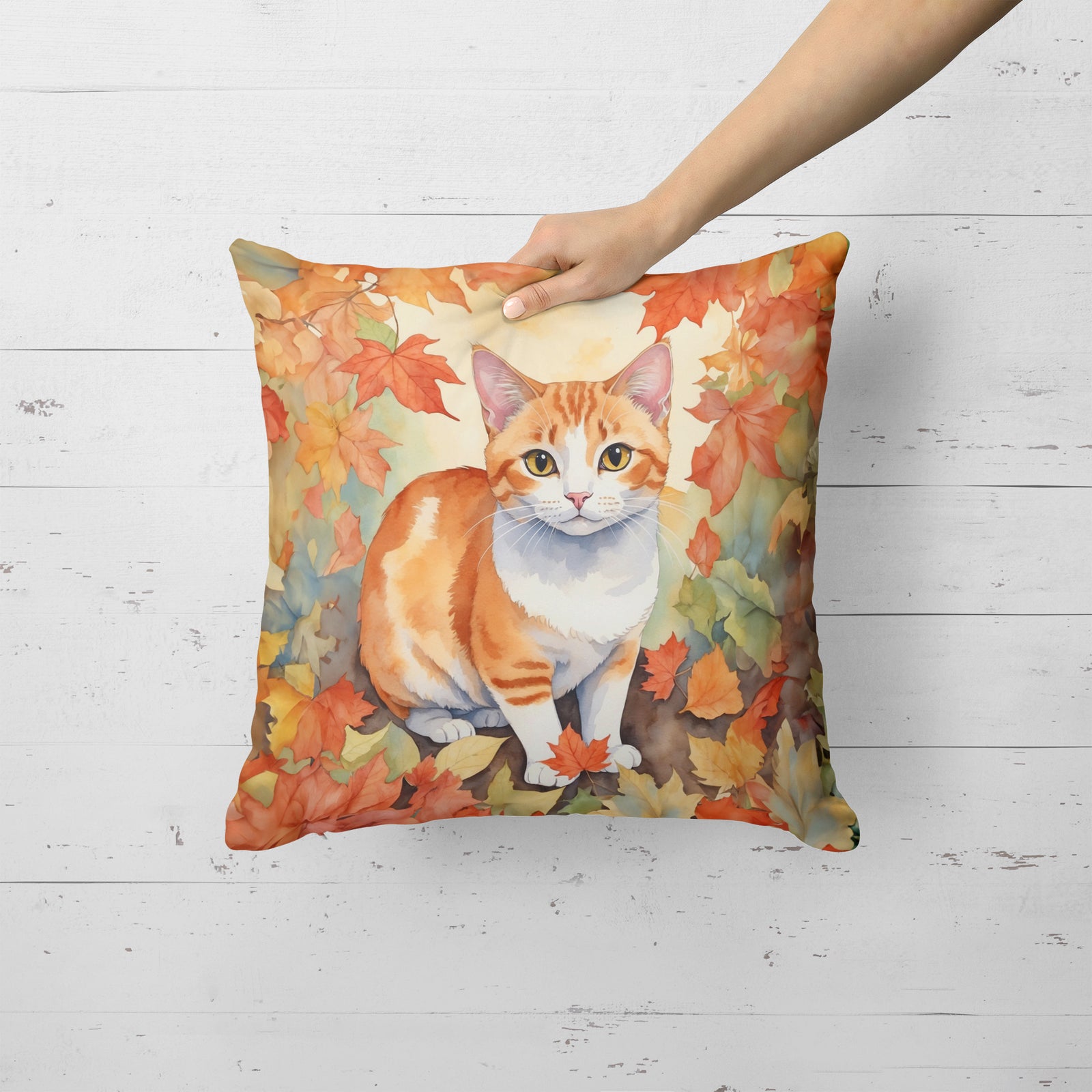 Caroline's Treasures Japanese Bobtail Cat in Fall Leaves Throw Pillow
