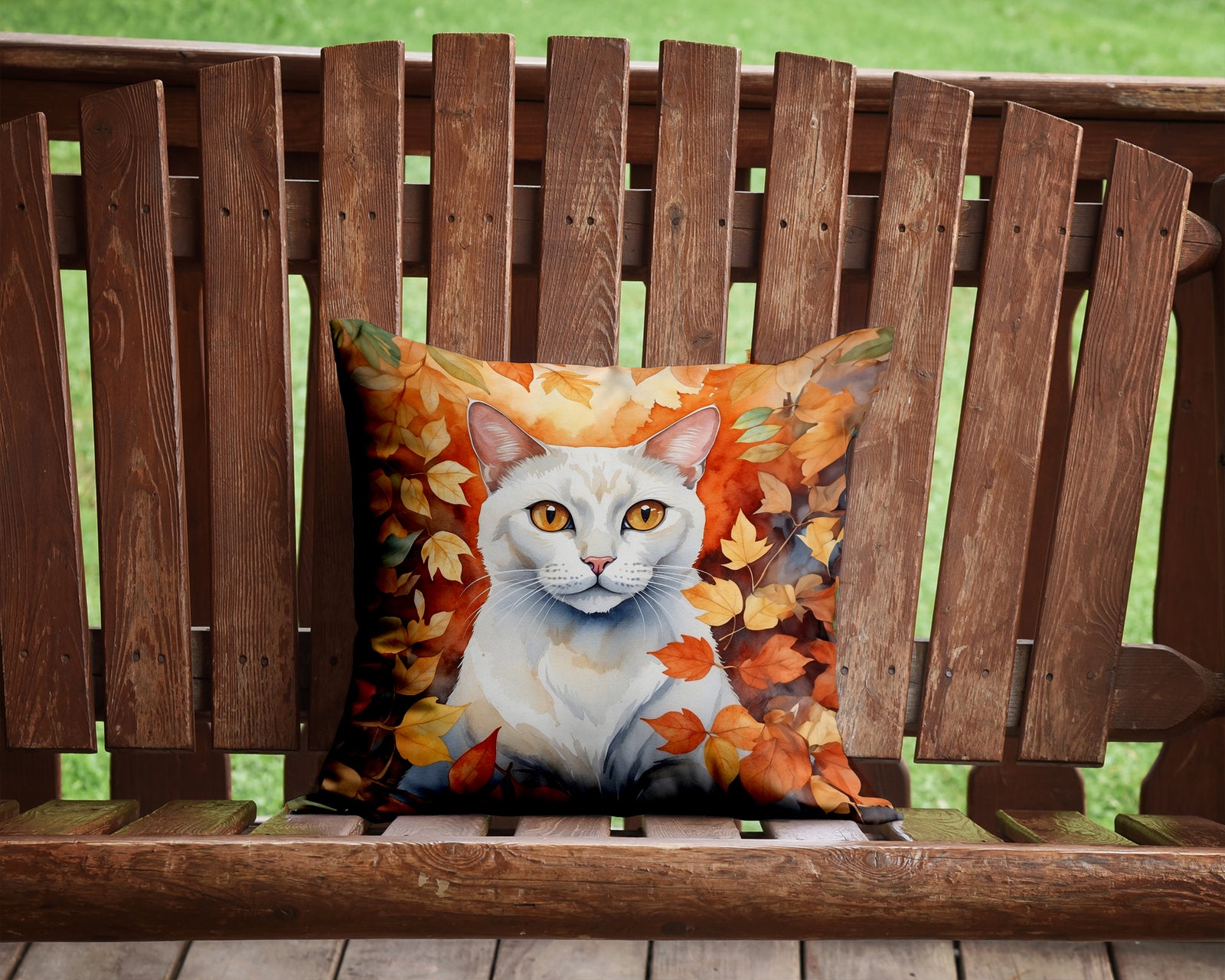 Caroline's Treasures Khao Manee Cat in Fall Leaves Throw Pillow - 14x14 Decorative Pillow – Art for Your Home & Patio