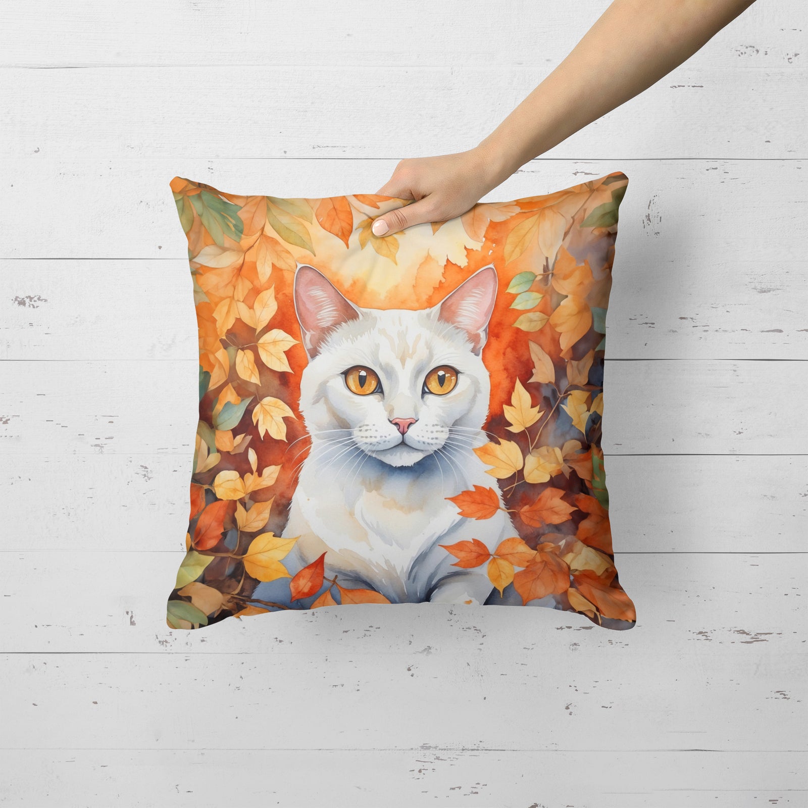Caroline's Treasures Khao Manee Cat in Fall Leaves Throw Pillow