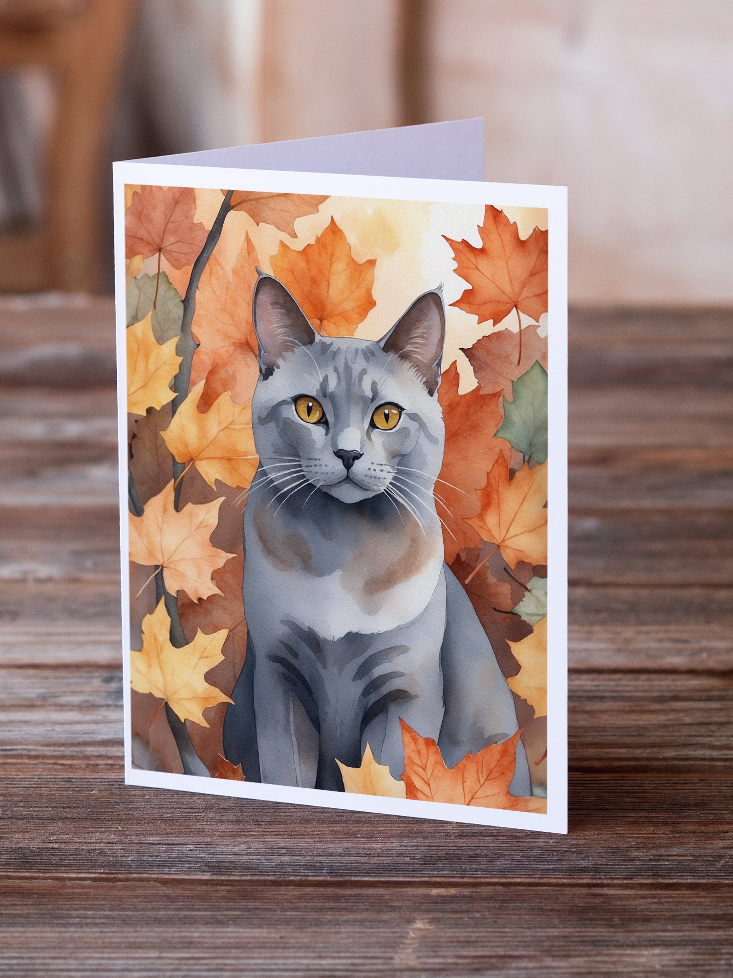 Caroline's Treasures Korat Cat in Fall Leaves Greeting Cards - Blank Note Cards – 8-Pack of Artist-Designed Cards with Envelopes