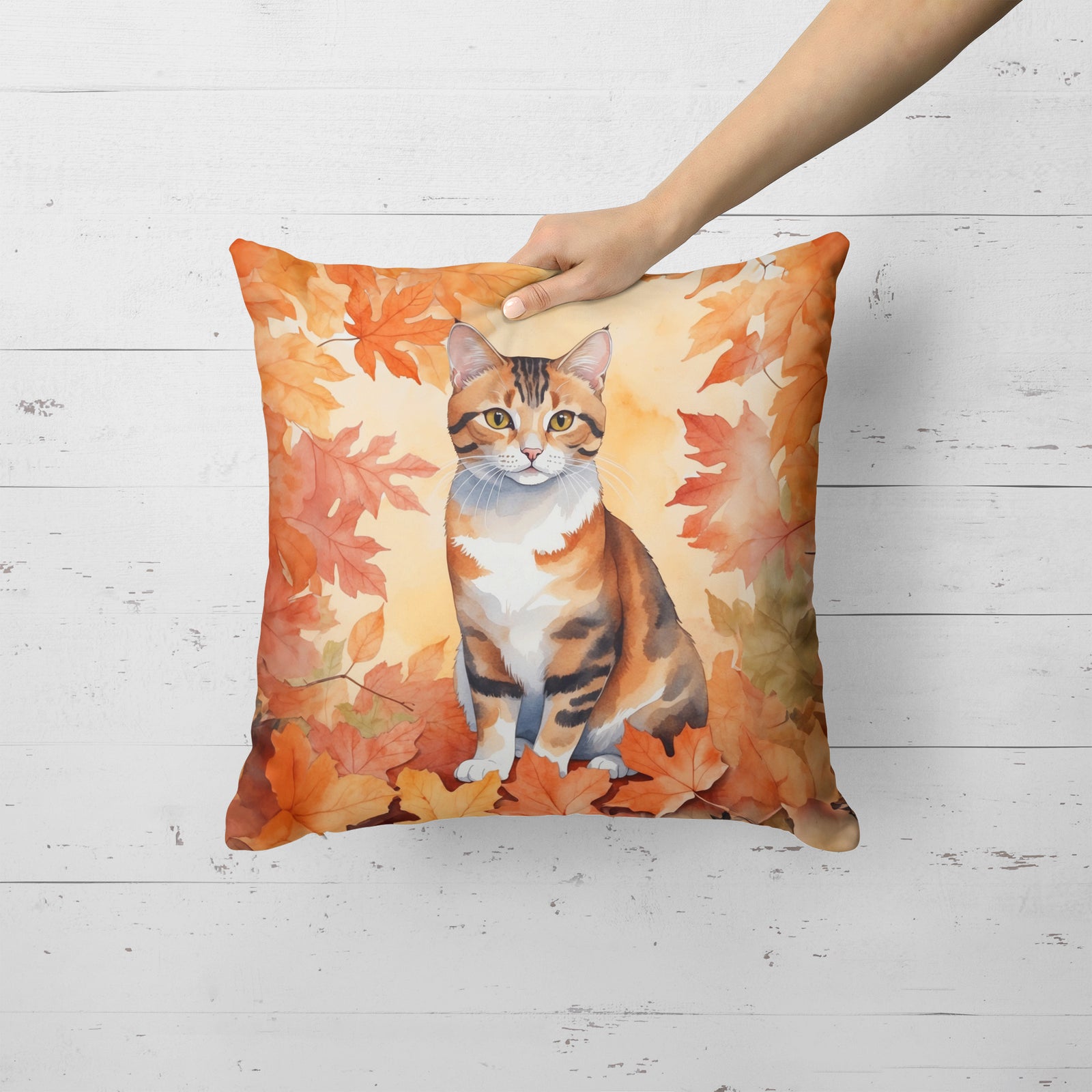Caroline's Treasures Korean Bobtail Cat in Fall Leaves Throw Pillow