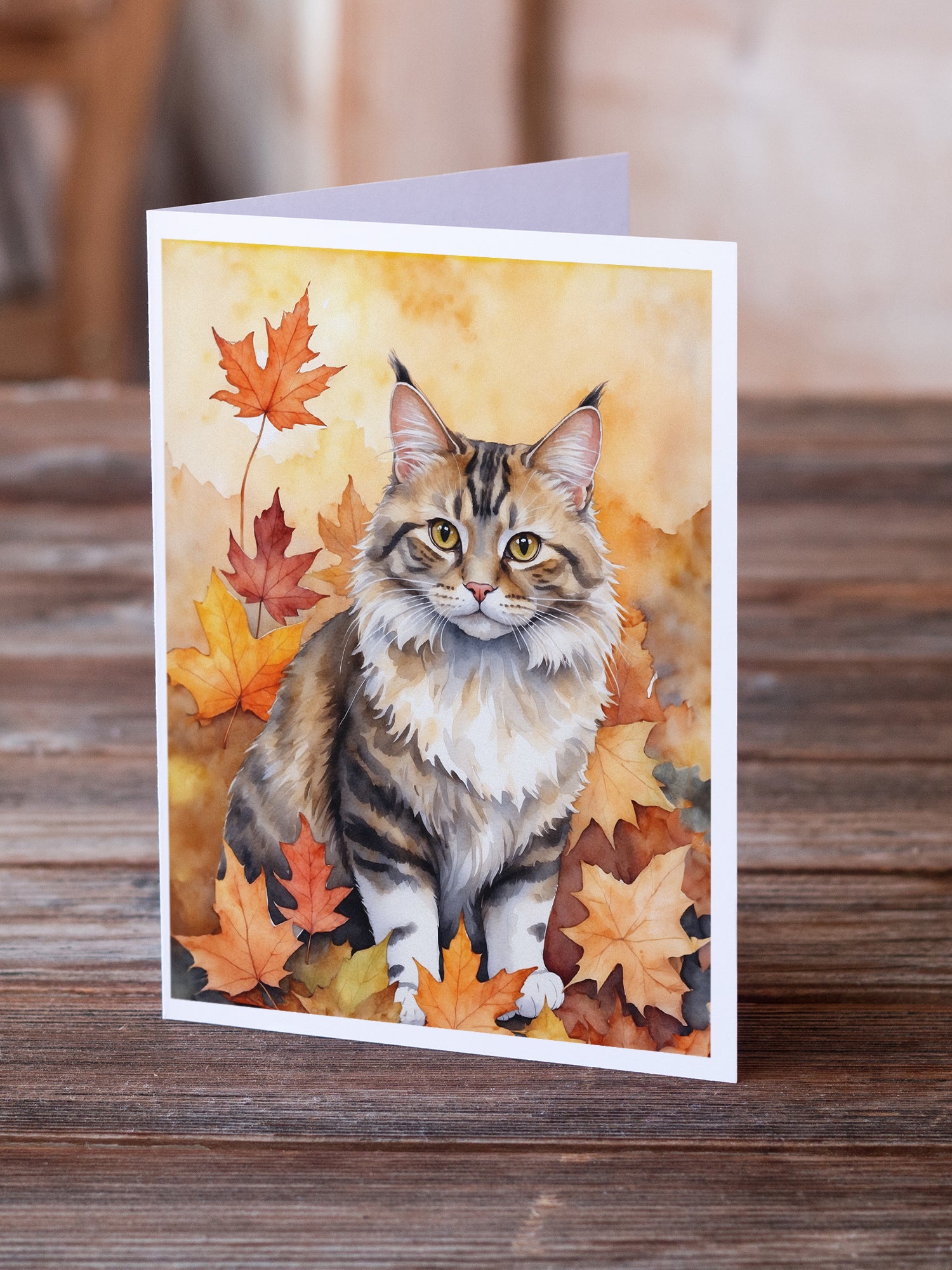 Caroline's Treasures Kurilian Bobtail Cat in Fall Leaves Greeting Cards - Blank Note Cards – 8-Pack of Artist-Designed Cards with Envelopes