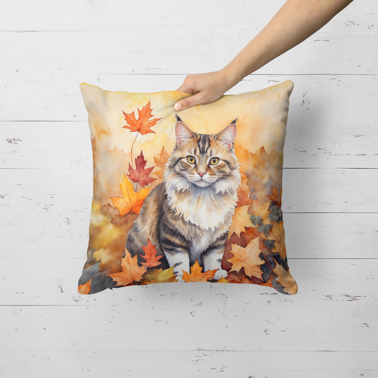 Caroline's Treasures Kurilian Bobtail Cat in Fall Leaves Throw Pillow