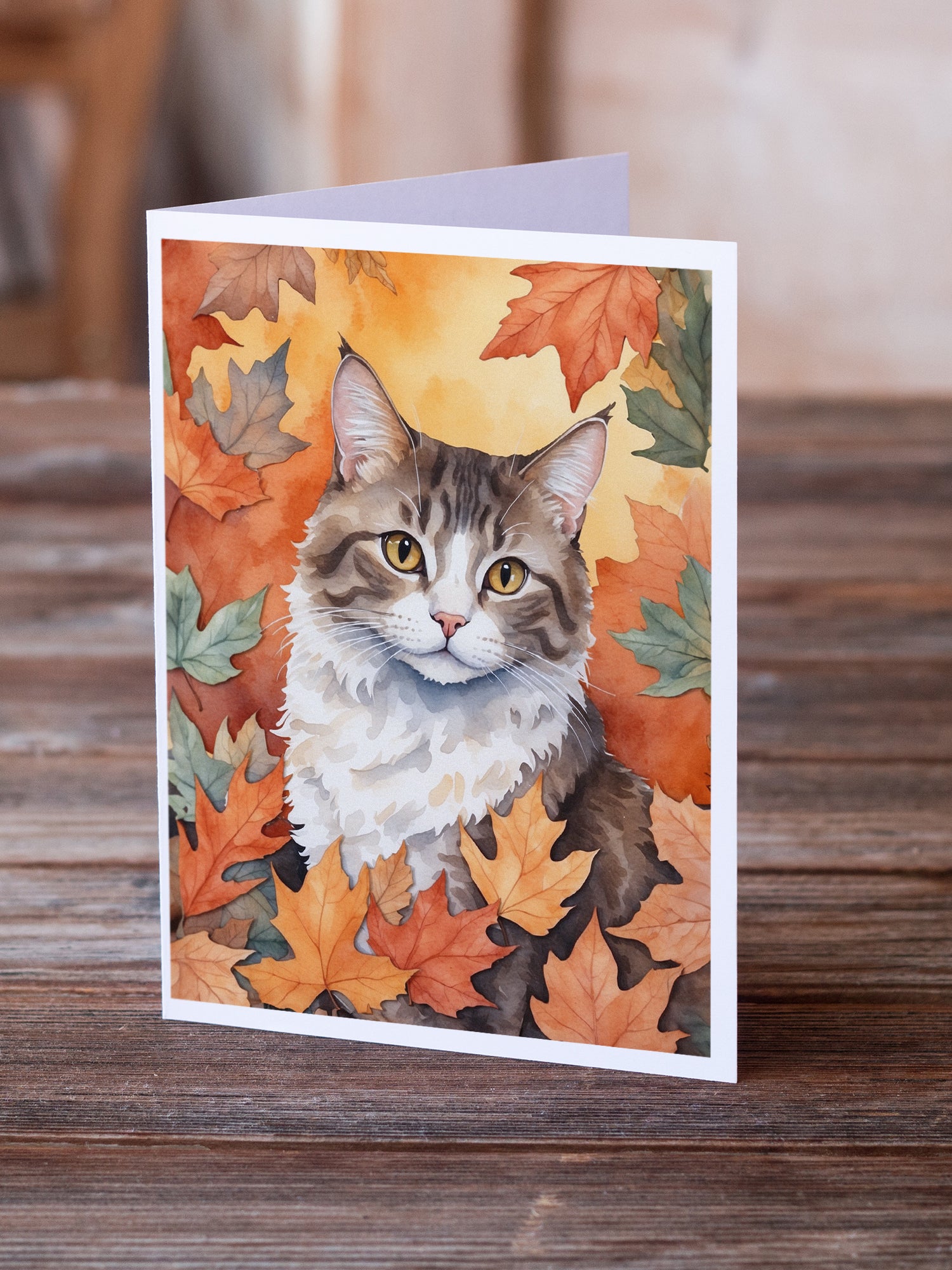 Caroline's Treasures La Perm Cat in Fall Leaves Greeting Cards - Blank Note Cards – 8-Pack of Artist-Designed Cards with Envelopes