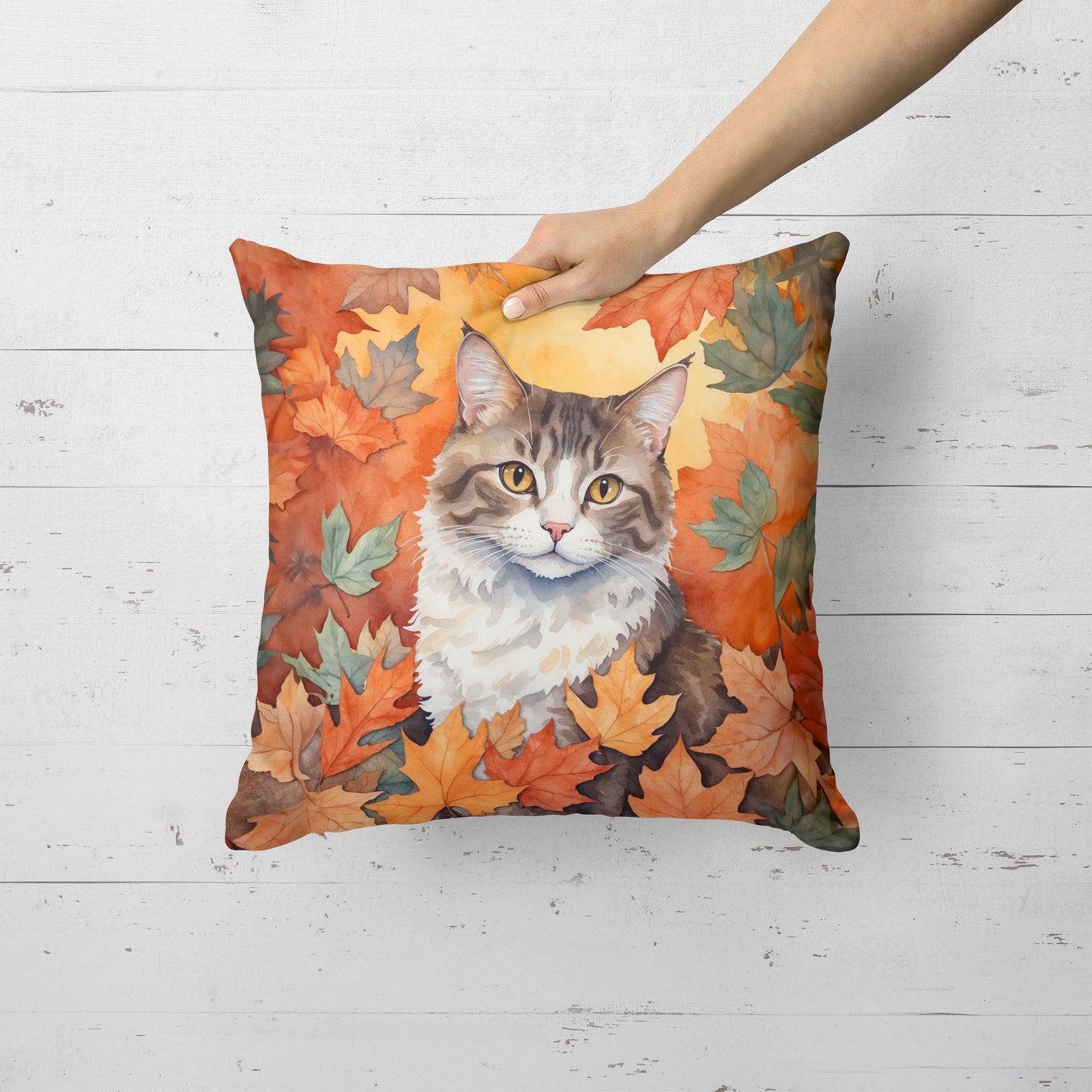Caroline's Treasures La Perm Cat in Fall Leaves Throw Pillow