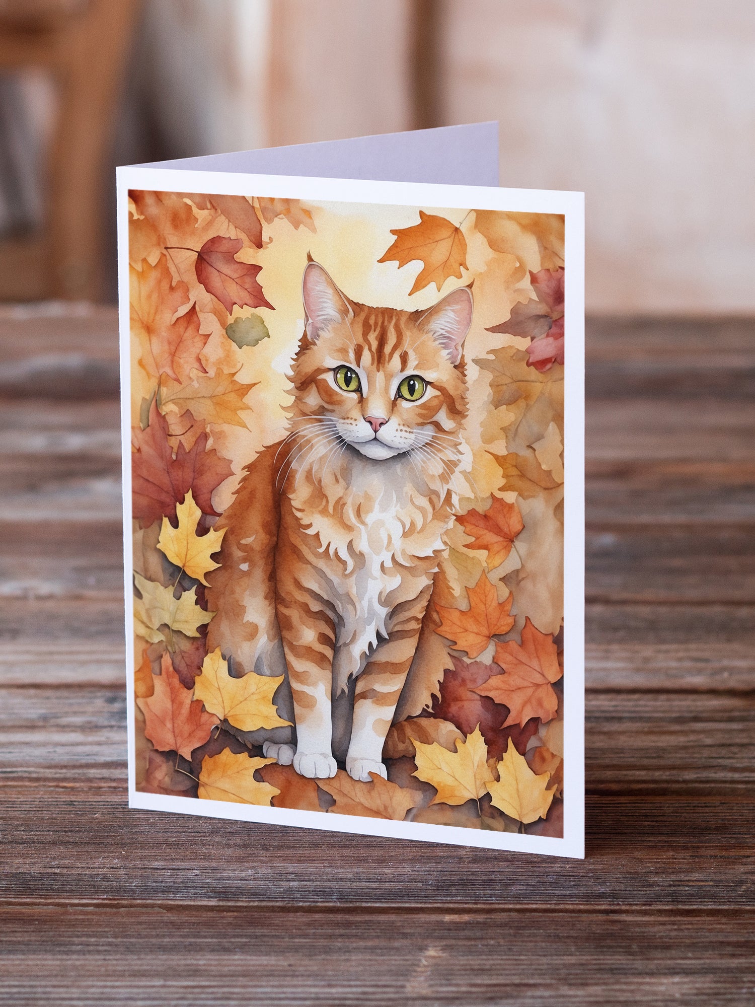 Caroline's Treasures La Perm Cat in Fall Leaves Greeting Cards - Blank Note Cards – 8-Pack of Artist-Designed Cards with Envelopes