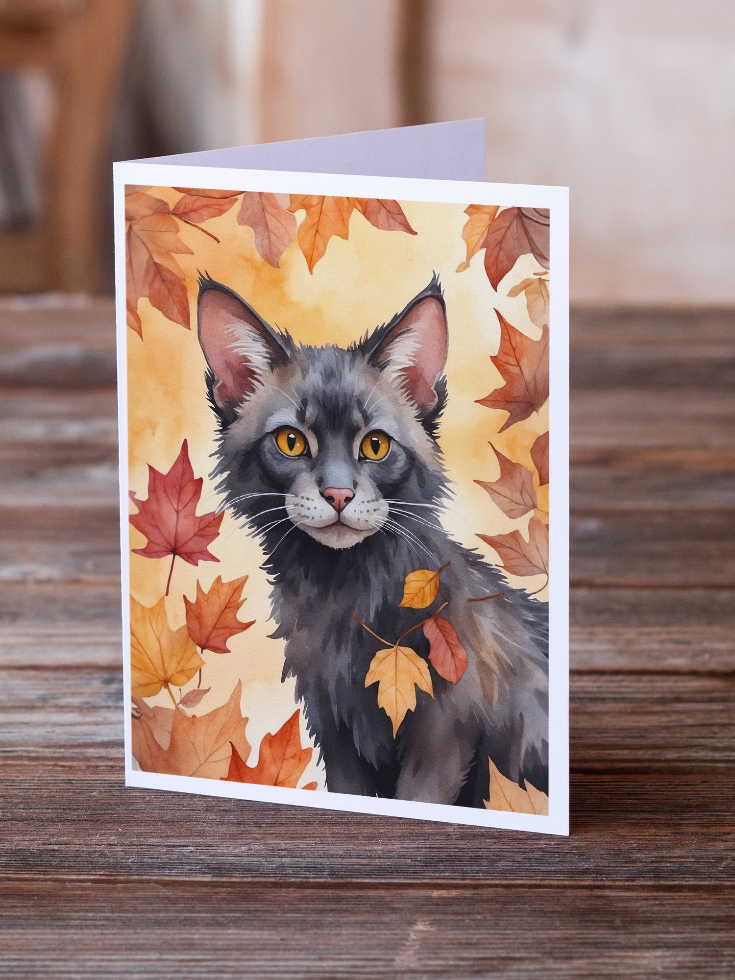 Caroline's Treasures Lykoi Cat in Fall Leaves Greeting Cards - Blank Note Cards – 8-Pack of Artist-Designed Cards with Envelopes