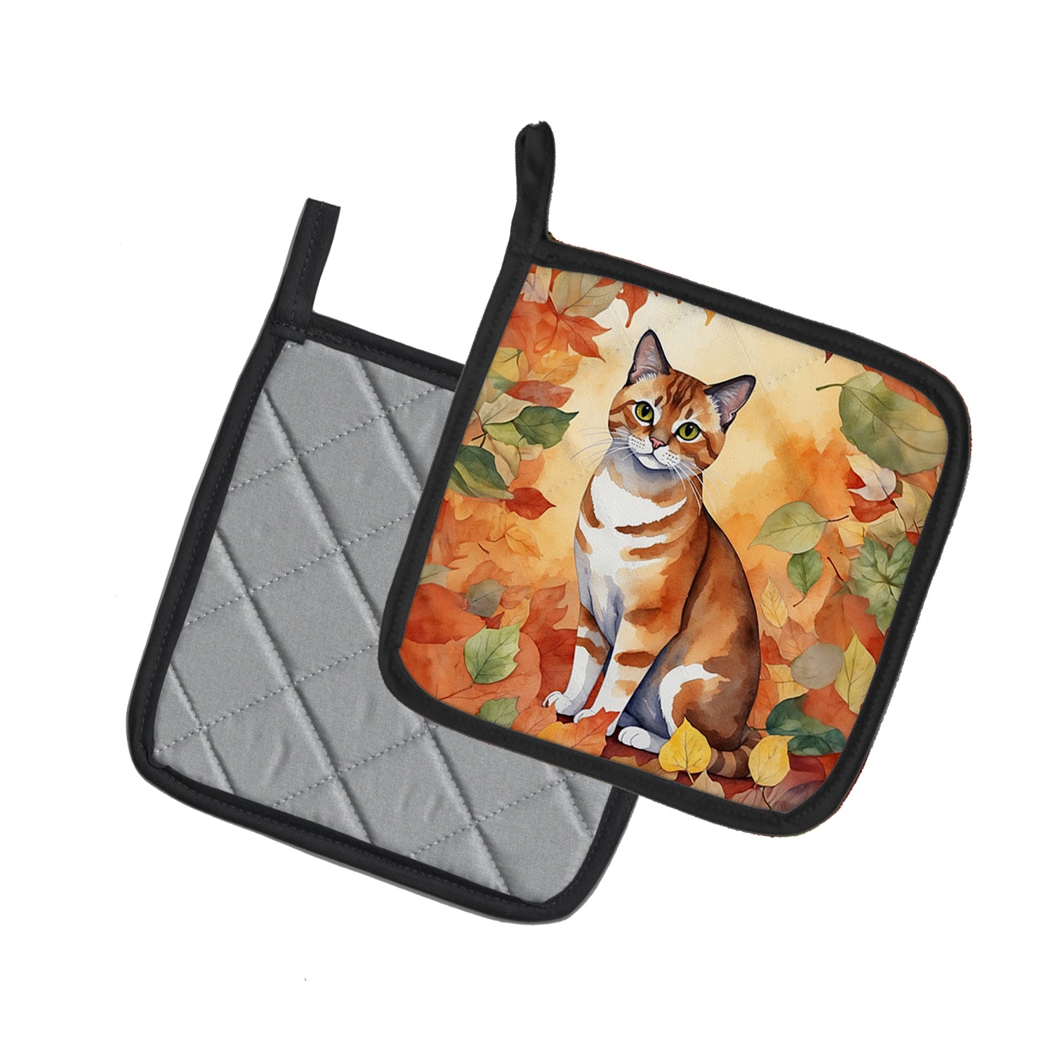 Caroline's Treasures Malayan Cat in Fall Leaves Pot Holders - Set of 2 Decorative Kitchen Helpers | Made in the USA