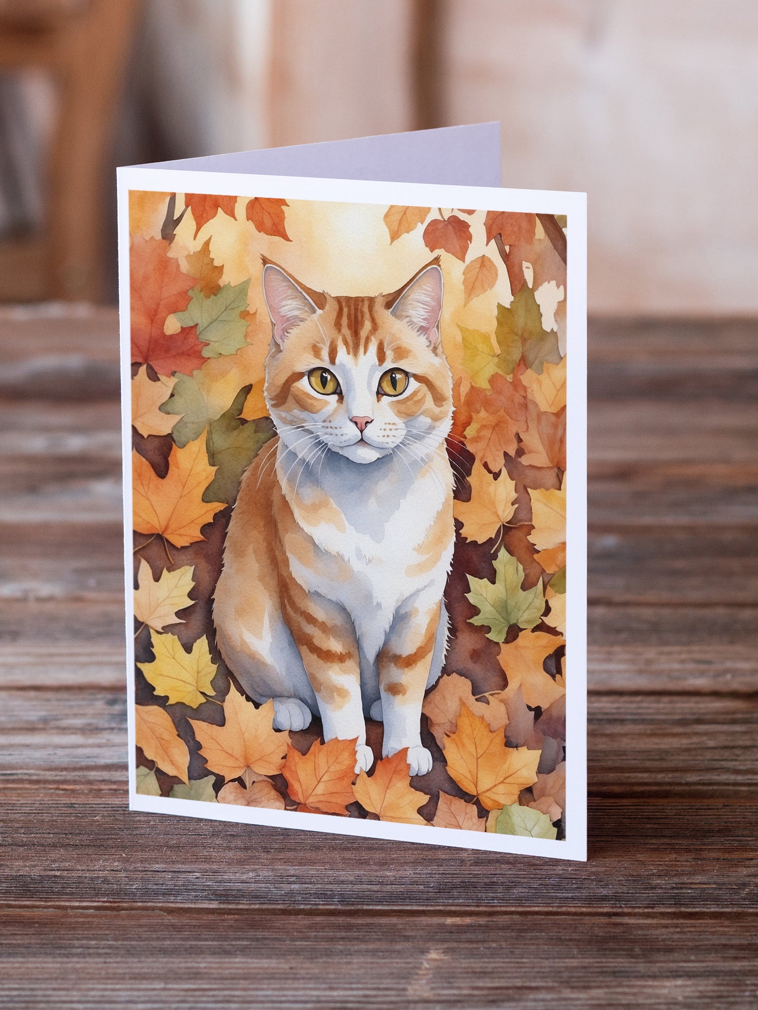 Caroline's Treasures Manx Cat in Fall Leaves Greeting Cards - Blank Note Cards – 8-Pack of Artist-Designed Cards with Envelopes