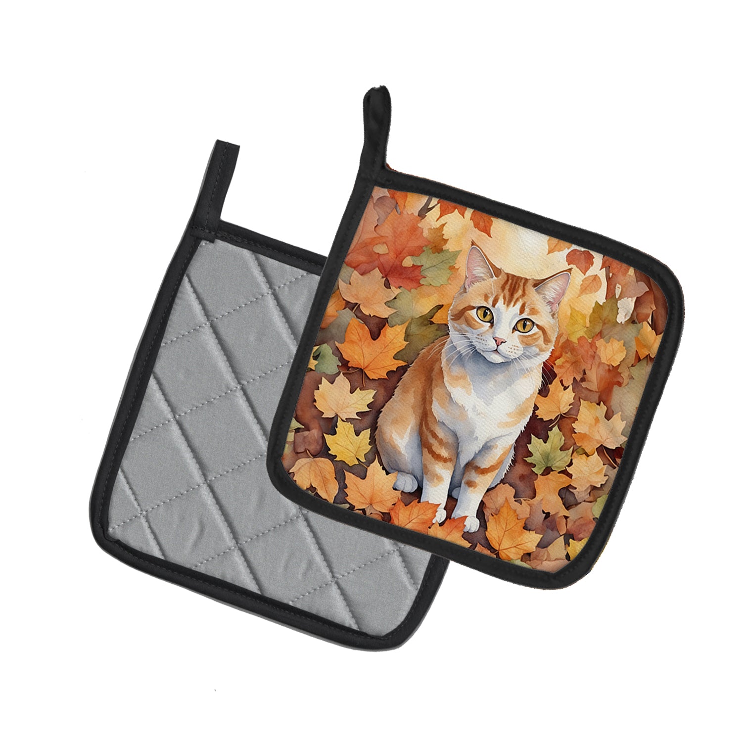 Caroline's Treasures Manx Cat in Fall Leaves Pot Holders - Set of 2 Decorative Kitchen Helpers | Made in the USA