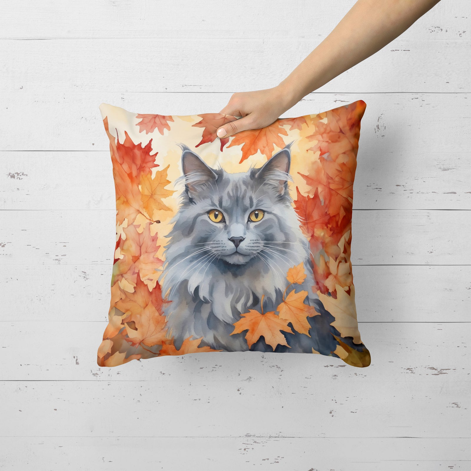 Caroline's Treasures Nebelung Cat in Fall Leaves Throw Pillow
