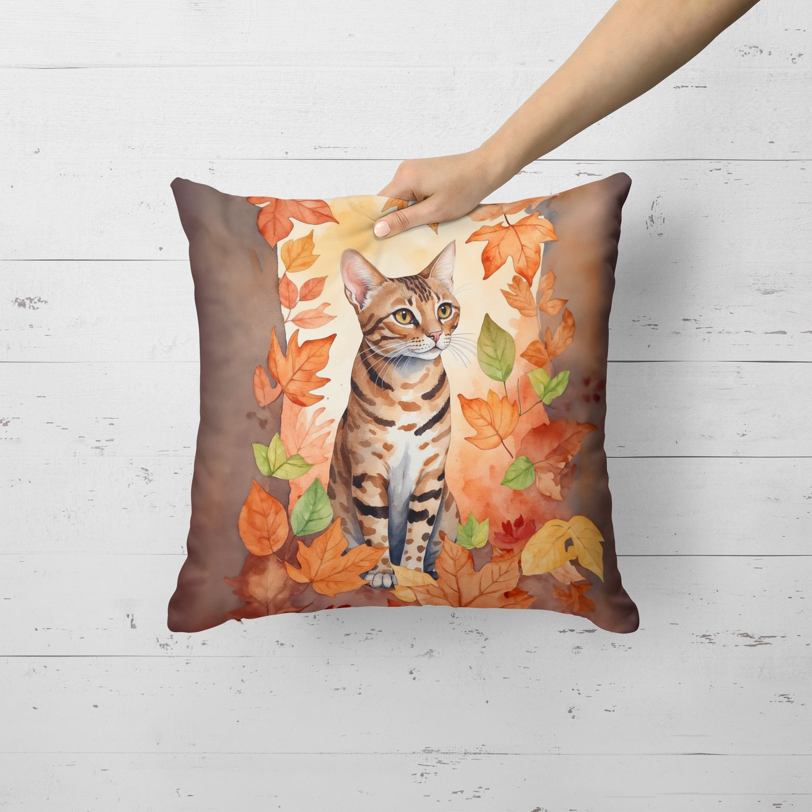 Caroline's Treasures Ocicat Cat in Fall Leaves Throw Pillow