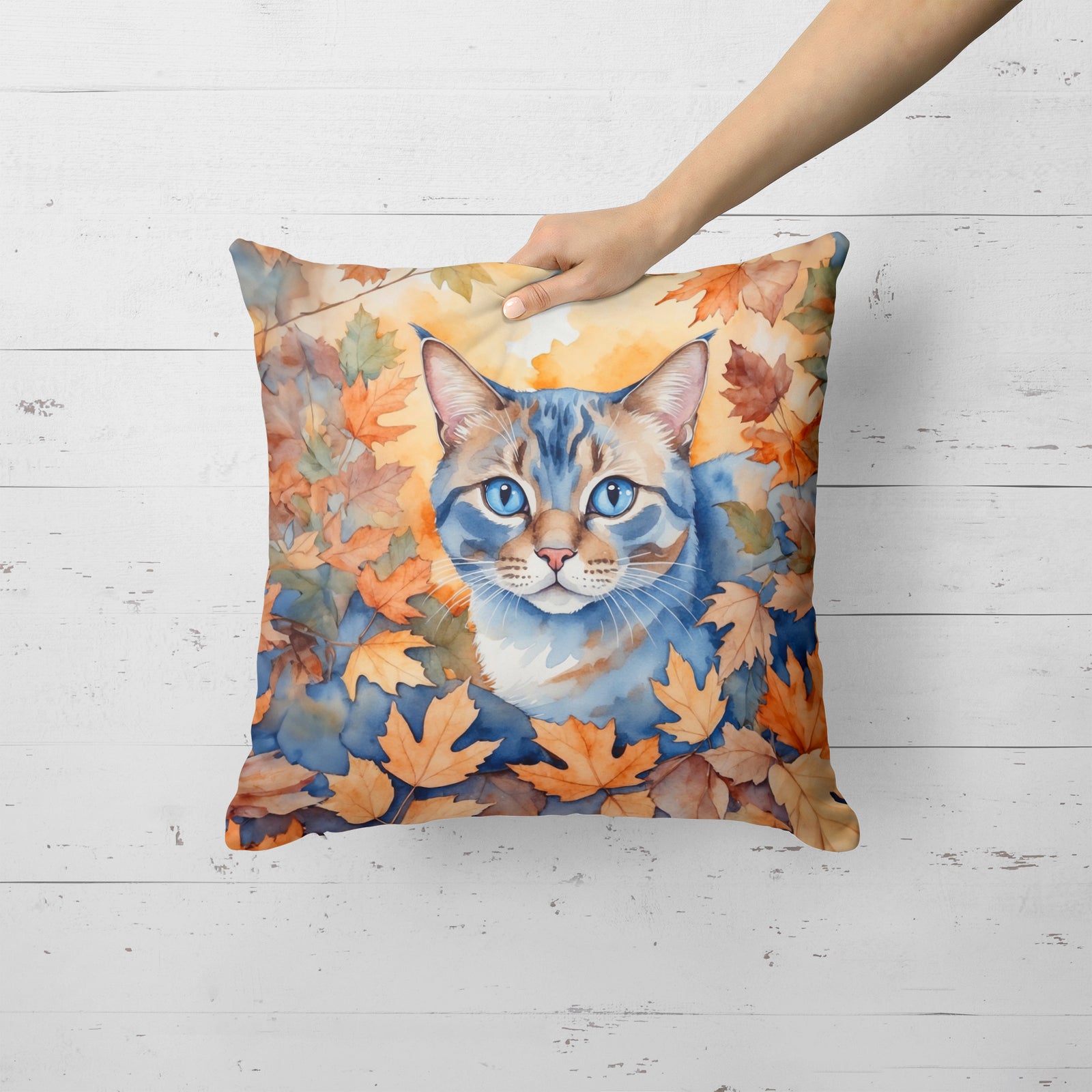 Caroline's Treasures Ojos Azules Cat in Fall Leaves Throw Pillow