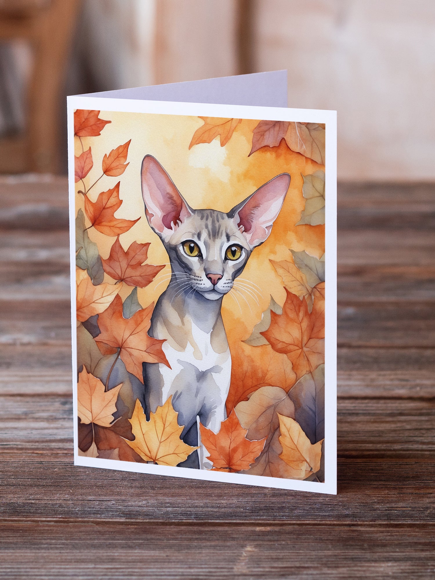 Caroline's Treasures Oriental Shorthair Cat in Fall Leaves Greeting Cards - Blank Note Cards – 8-Pack of Artist-Designed Cards with Envelopes