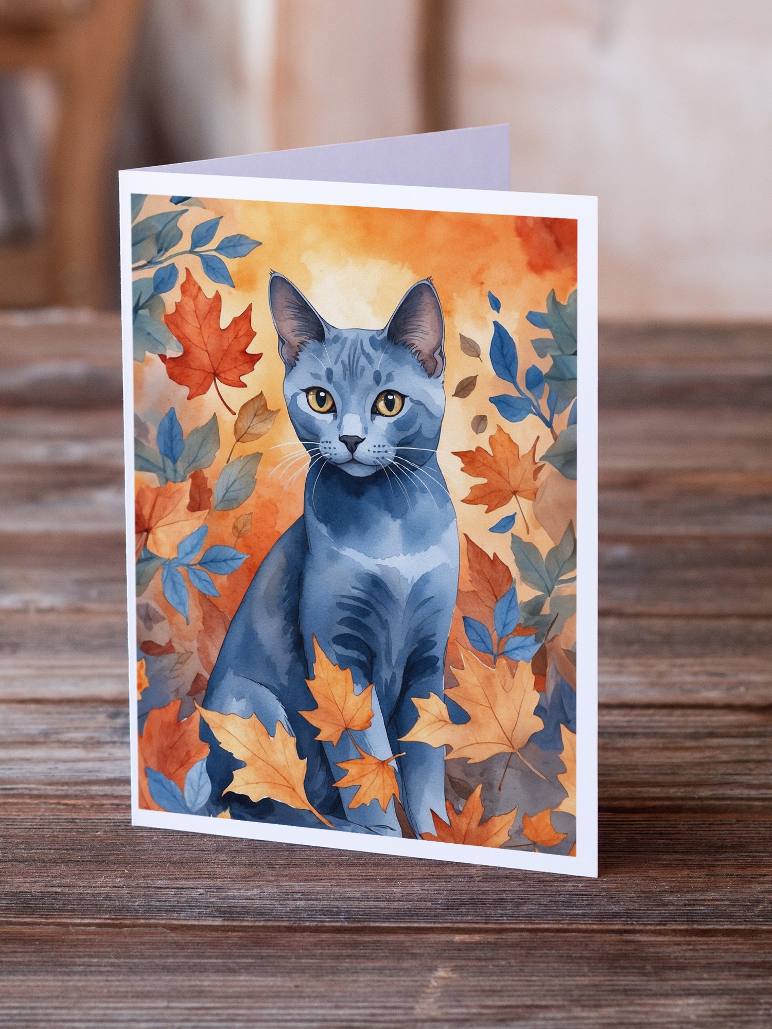 Caroline's Treasures Russian Blue Cat in Fall Leaves Greeting Cards - Blank Note Cards – 8-Pack of Artist-Designed Cards with Envelopes