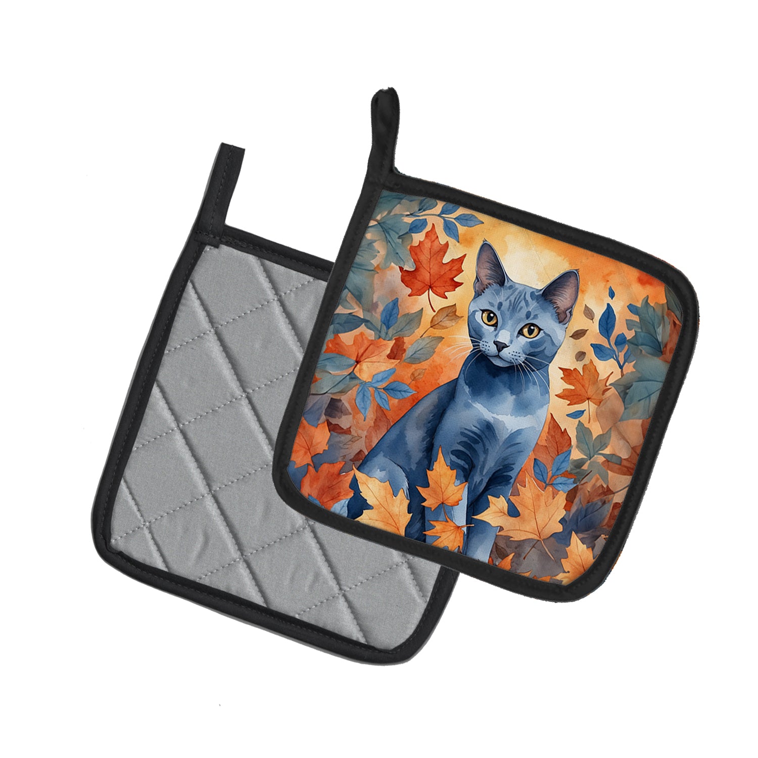 Caroline's Treasures Russian Blue Cat in Fall Leaves Pot Holders - Set of 2 Decorative Kitchen Helpers | Made in the USA