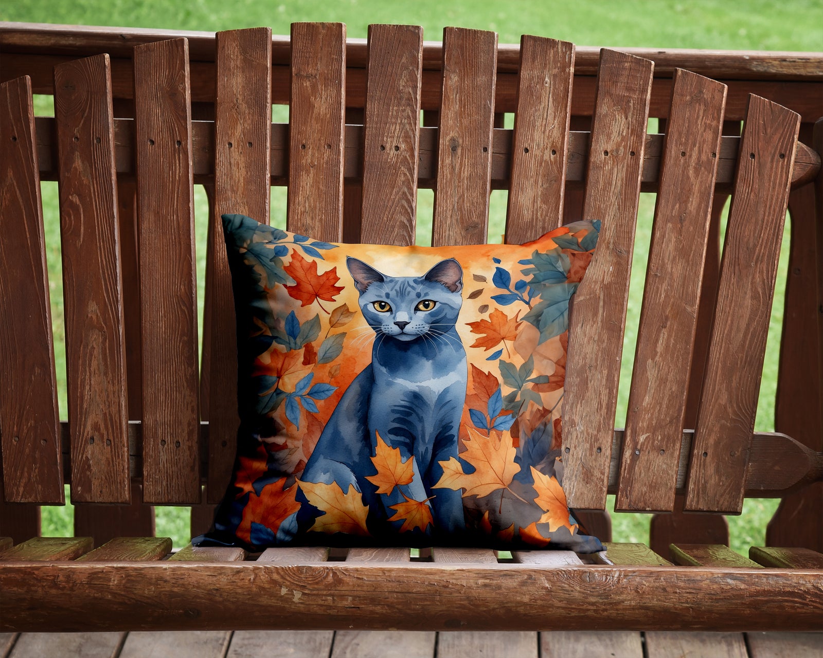 Caroline's Treasures Russian Blue Cat in Fall Leaves Throw Pillow - 14x14 Decorative Pillow – Art for Your Home & Patio