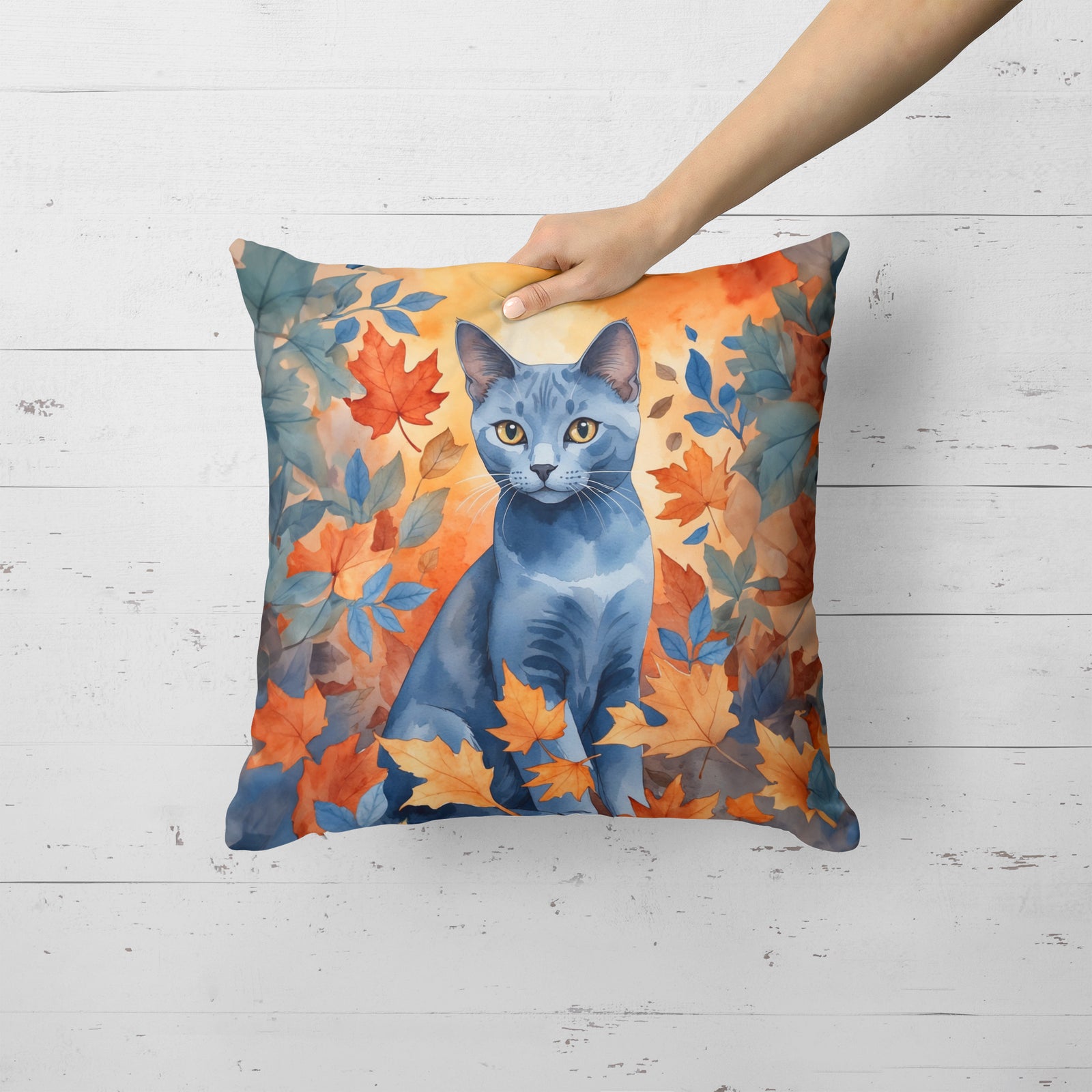 Caroline's Treasures Russian Blue Cat in Fall Leaves Throw Pillow