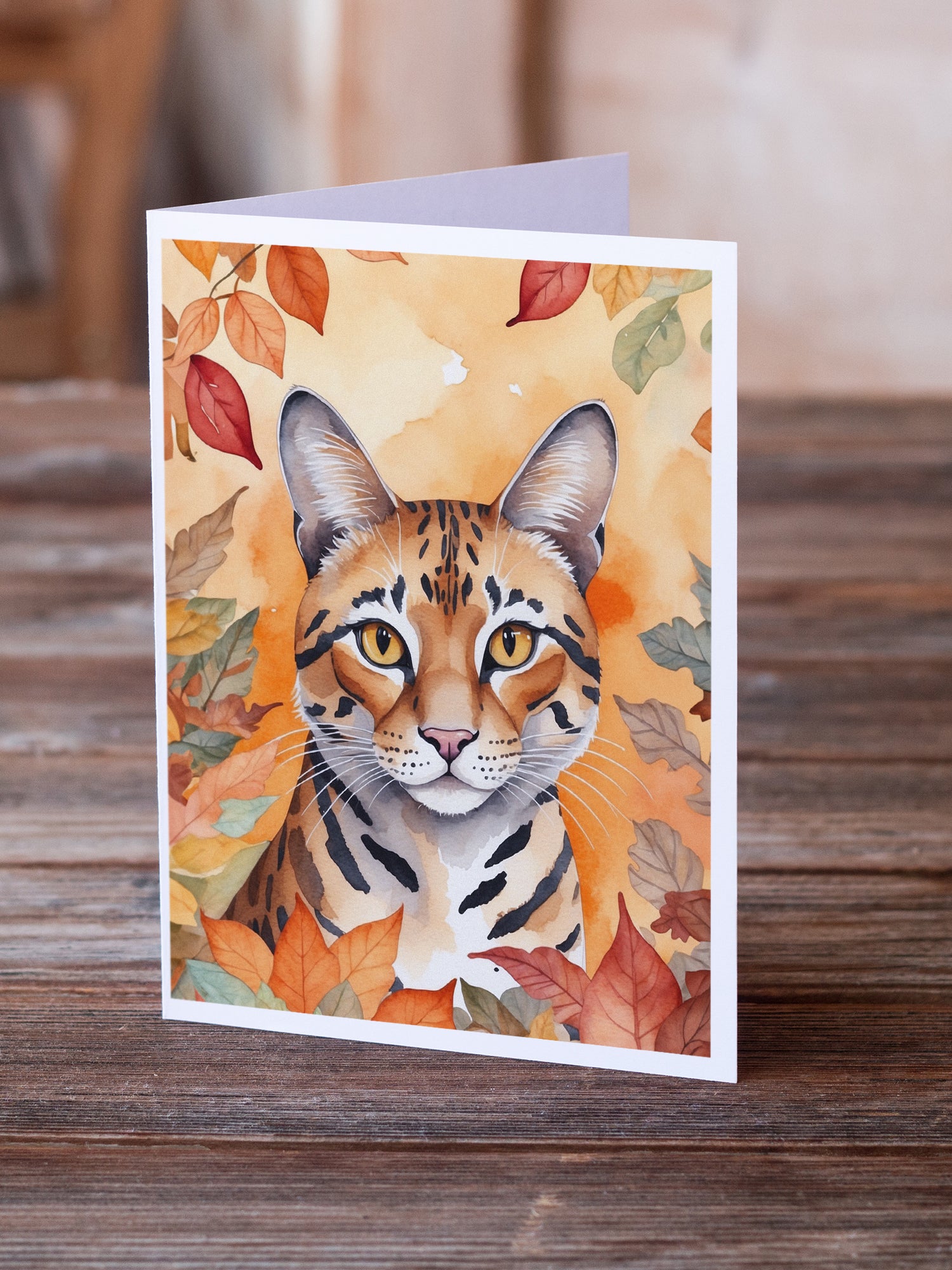 Caroline's Treasures Safari Cat in Fall Leaves Greeting Cards - Blank Note Cards – 8-Pack of Artist-Designed Cards with Envelopes