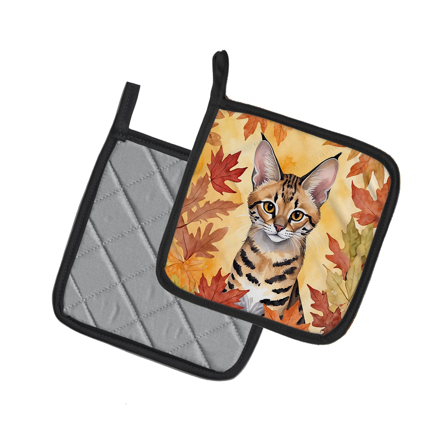 Caroline's Treasures Savannah Cat in Fall Leaves Pot Holders - Set of 2 Decorative Kitchen Helpers | Made in the USA