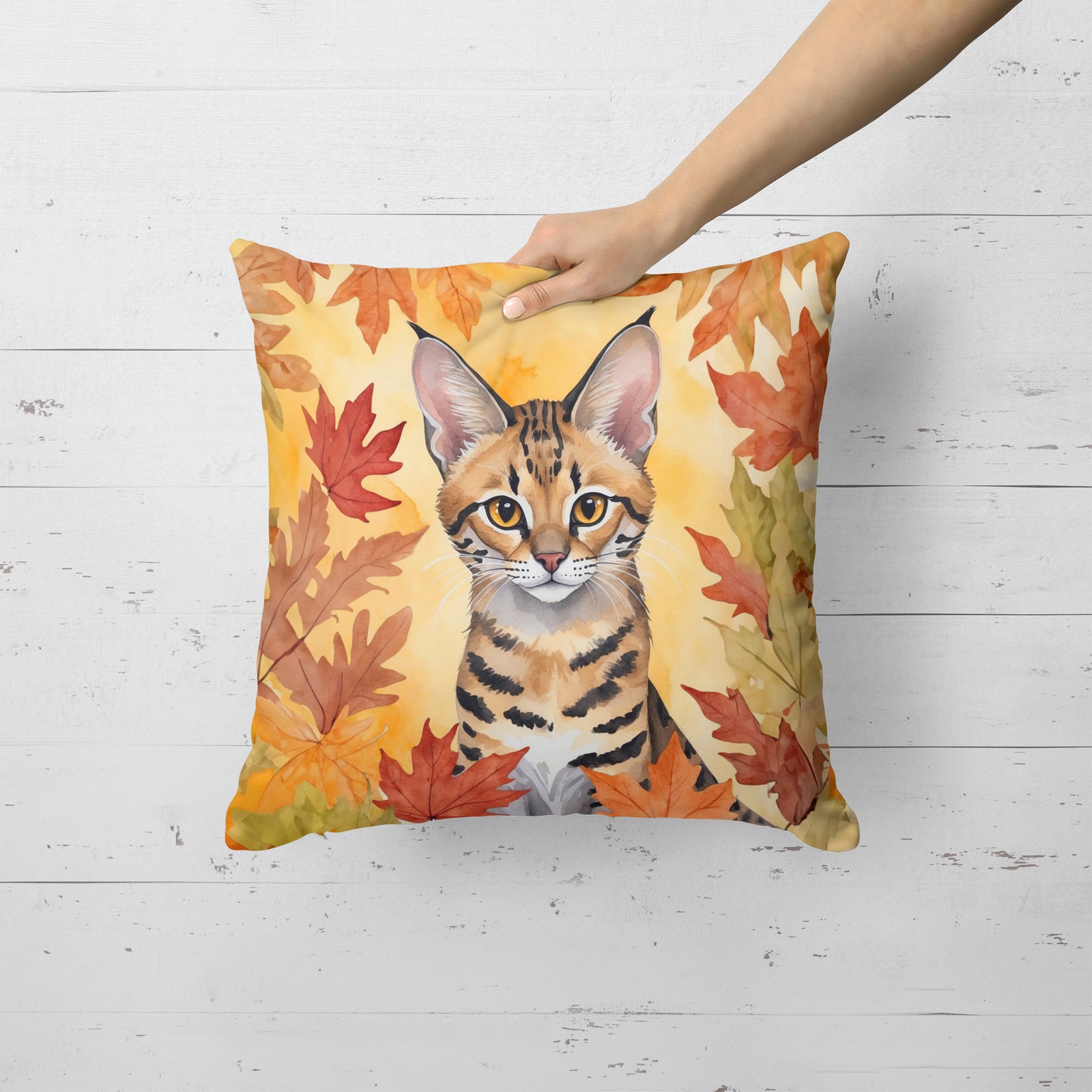 Caroline's Treasures Savannah Cat in Fall Leaves Throw Pillow
