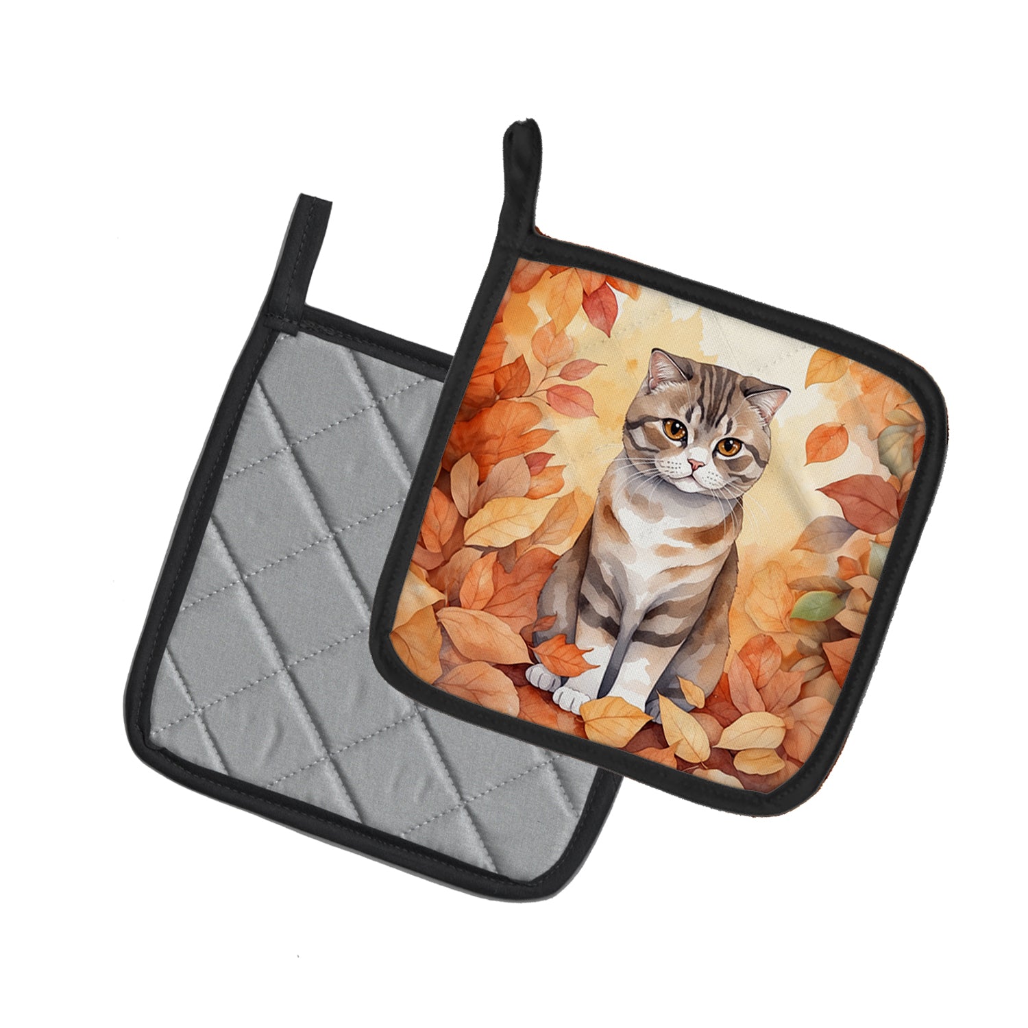 Caroline's Treasures Scottish Fold Cat in Fall Leaves Pot Holders - Set of 2 Decorative Kitchen Helpers | Made in the USA