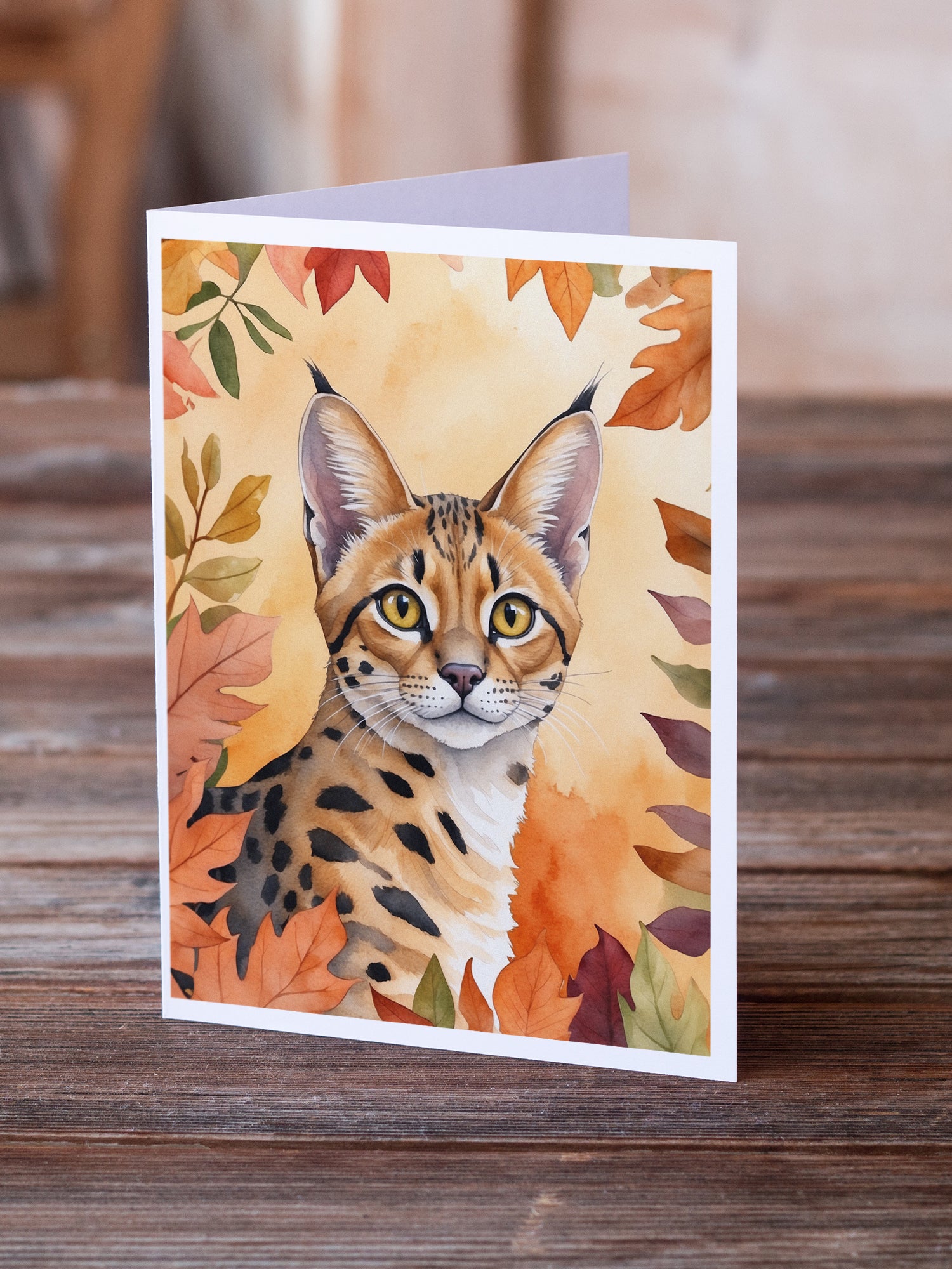 Caroline's Treasures Serengeti Cat in Fall Leaves Greeting Cards - Blank Note Cards – 8-Pack of Artist-Designed Cards with Envelopes