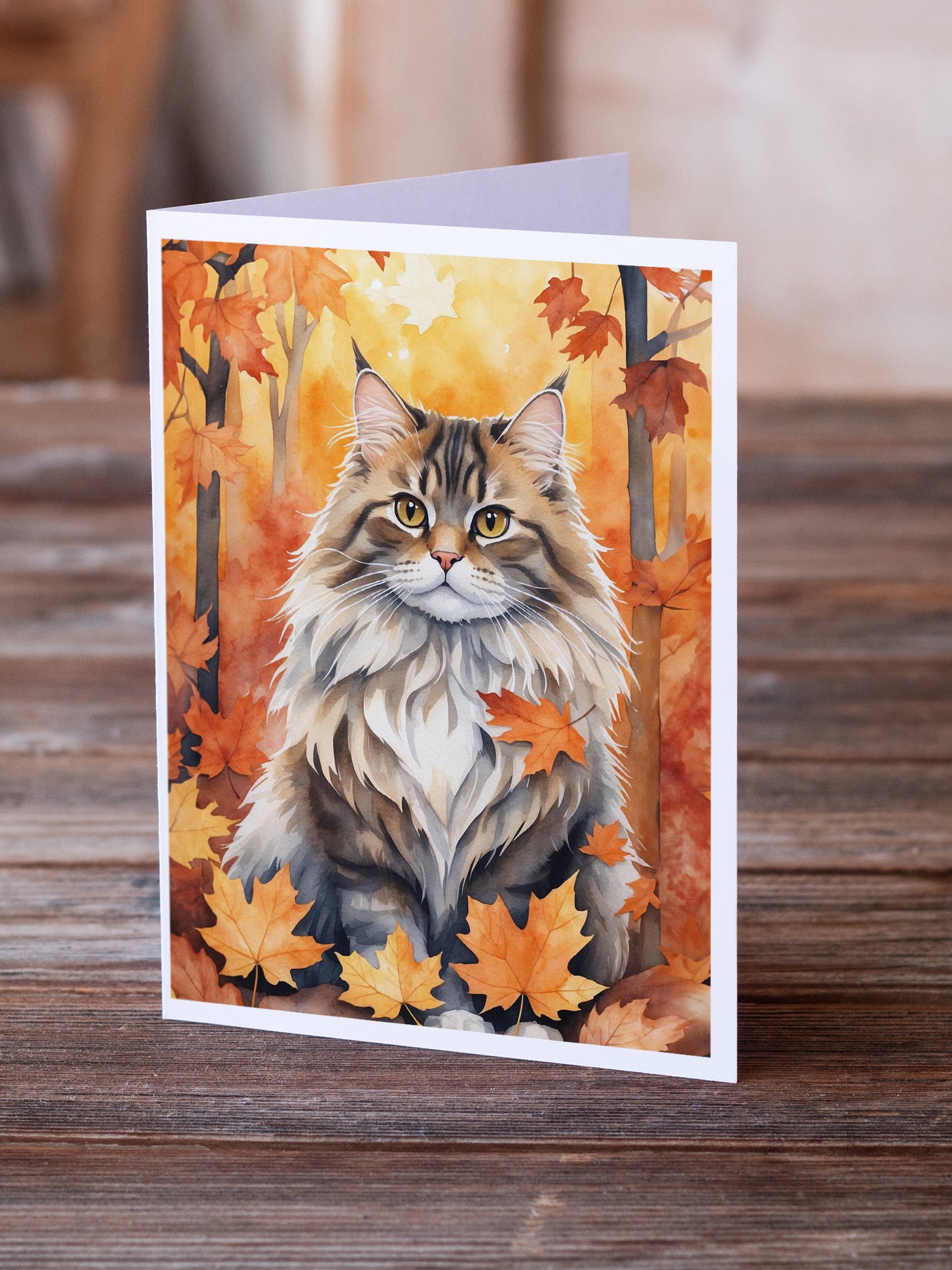 Caroline's Treasures Siberian Cat in Fall Leaves Greeting Cards - Blank Note Cards – 8-Pack of Artist-Designed Cards with Envelopes