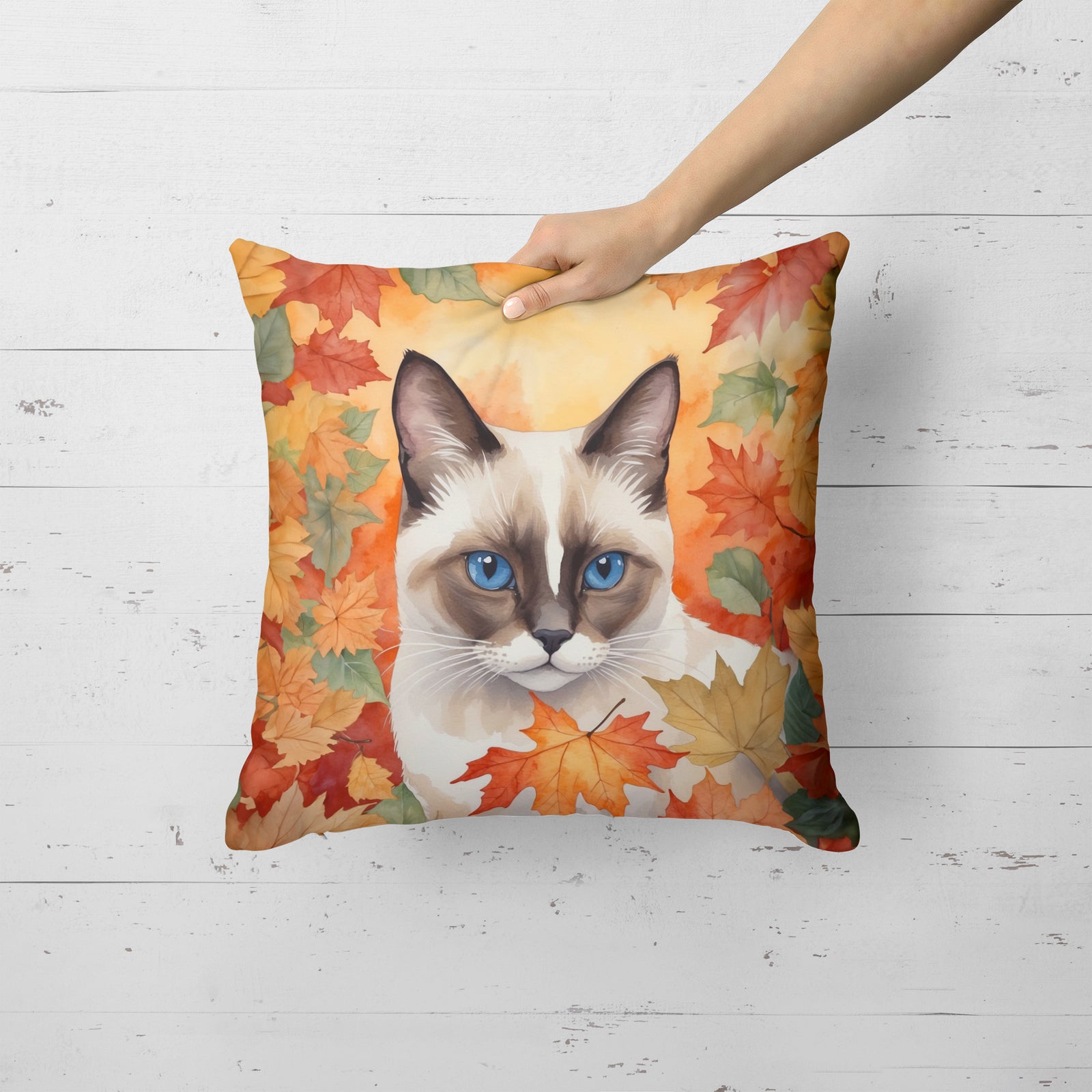 Caroline's Treasures Snowshoe Cat in Fall Leaves Throw Pillow