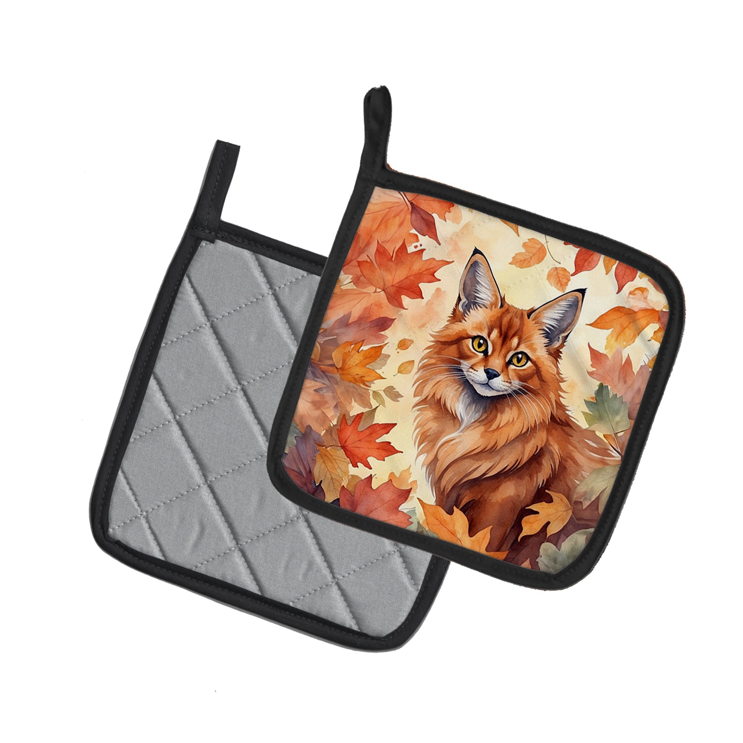 Caroline's Treasures Somali Cat in Fall Leaves Pot Holders - Set of 2 Decorative Kitchen Helpers | Made in the USA