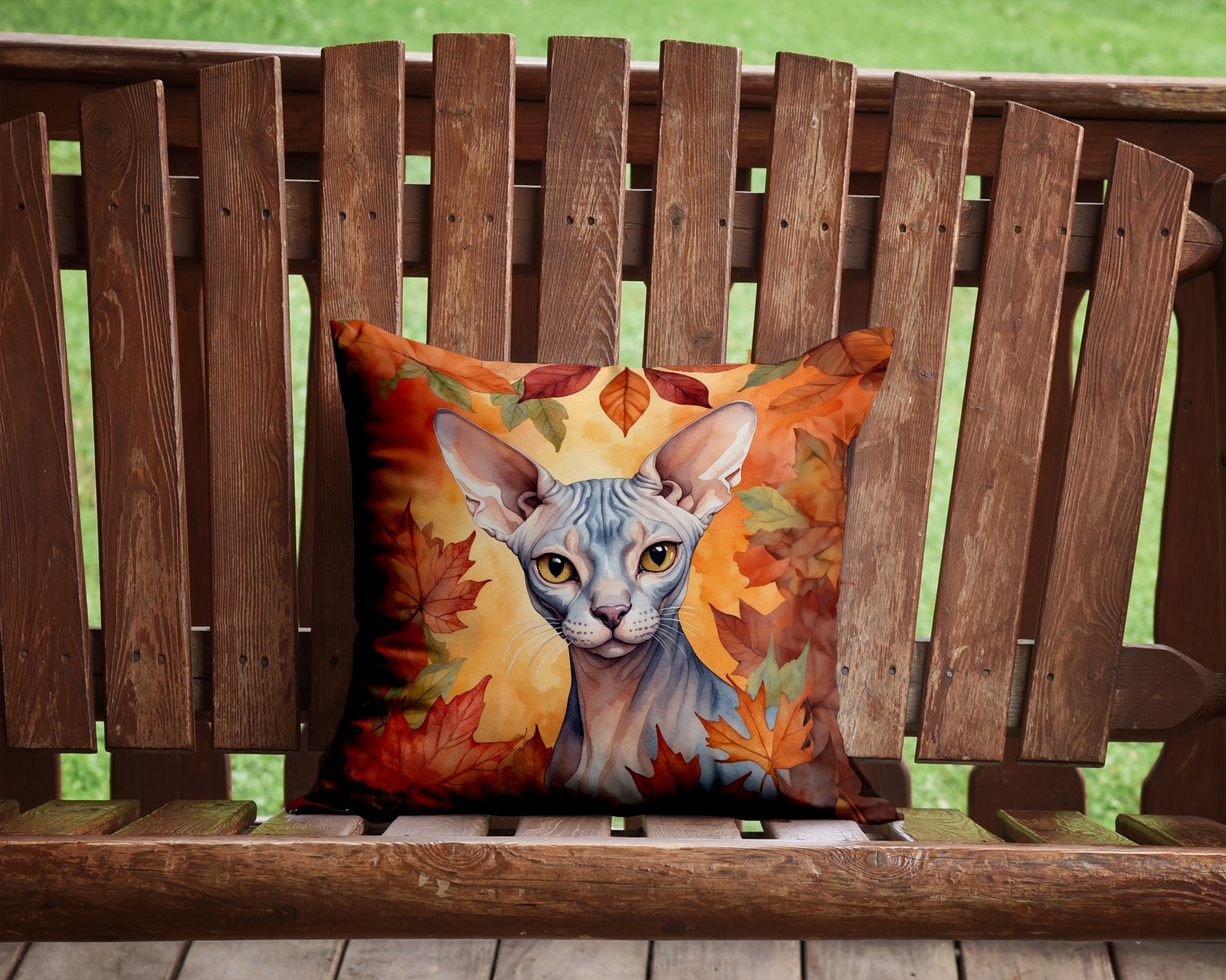 Caroline's Treasures Sphynx Cat in Fall Leaves Throw Pillow - 14x14 Decorative Pillow – Art for Your Home & Patio