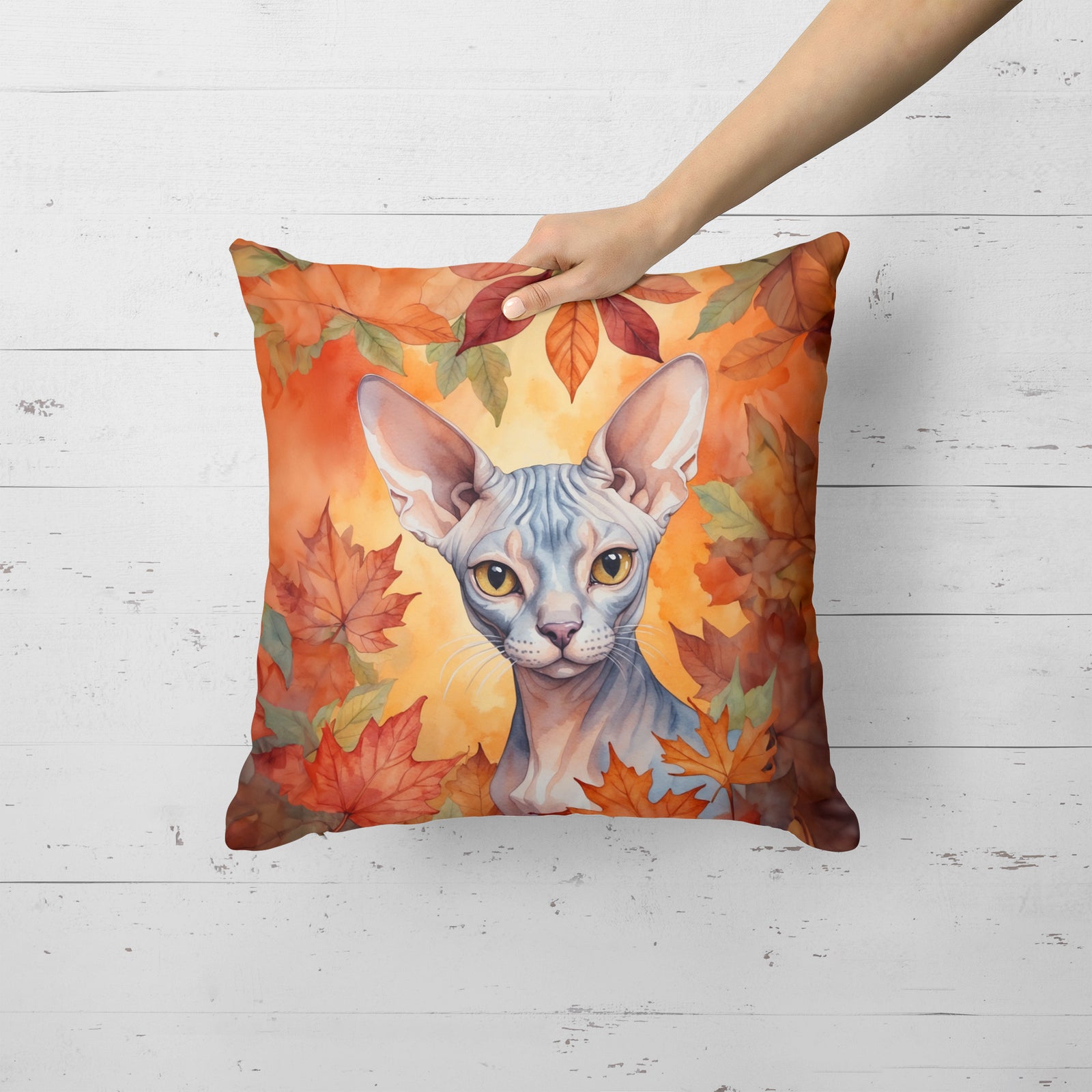 Caroline's Treasures Sphynx Cat in Fall Leaves Throw Pillow