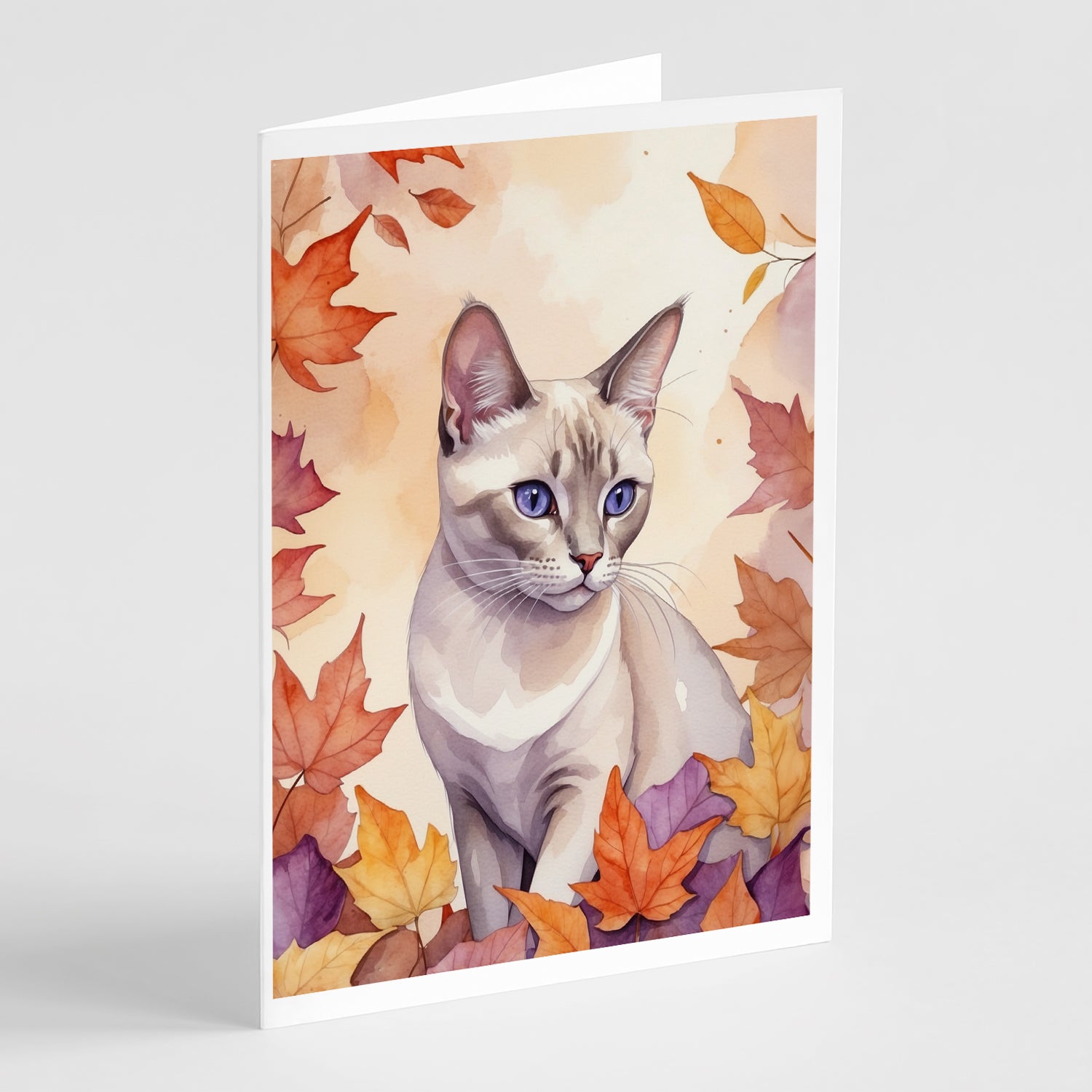 Caroline's Treasures Thai Lilac Cat in Fall Leaves Greeting Cards - Blank Note Cards – 8-Pack of Artist-Designed Cards with Envelopes