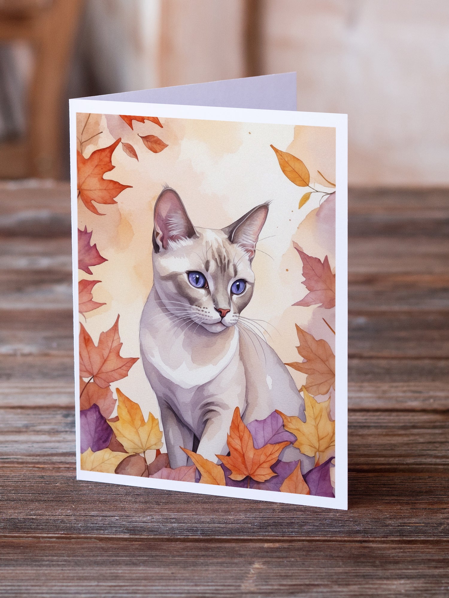 Caroline's Treasures Thai Lilac Cat in Fall Leaves Greeting Cards - Blank Note Cards – 8-Pack of Artist-Designed Cards with Envelopes