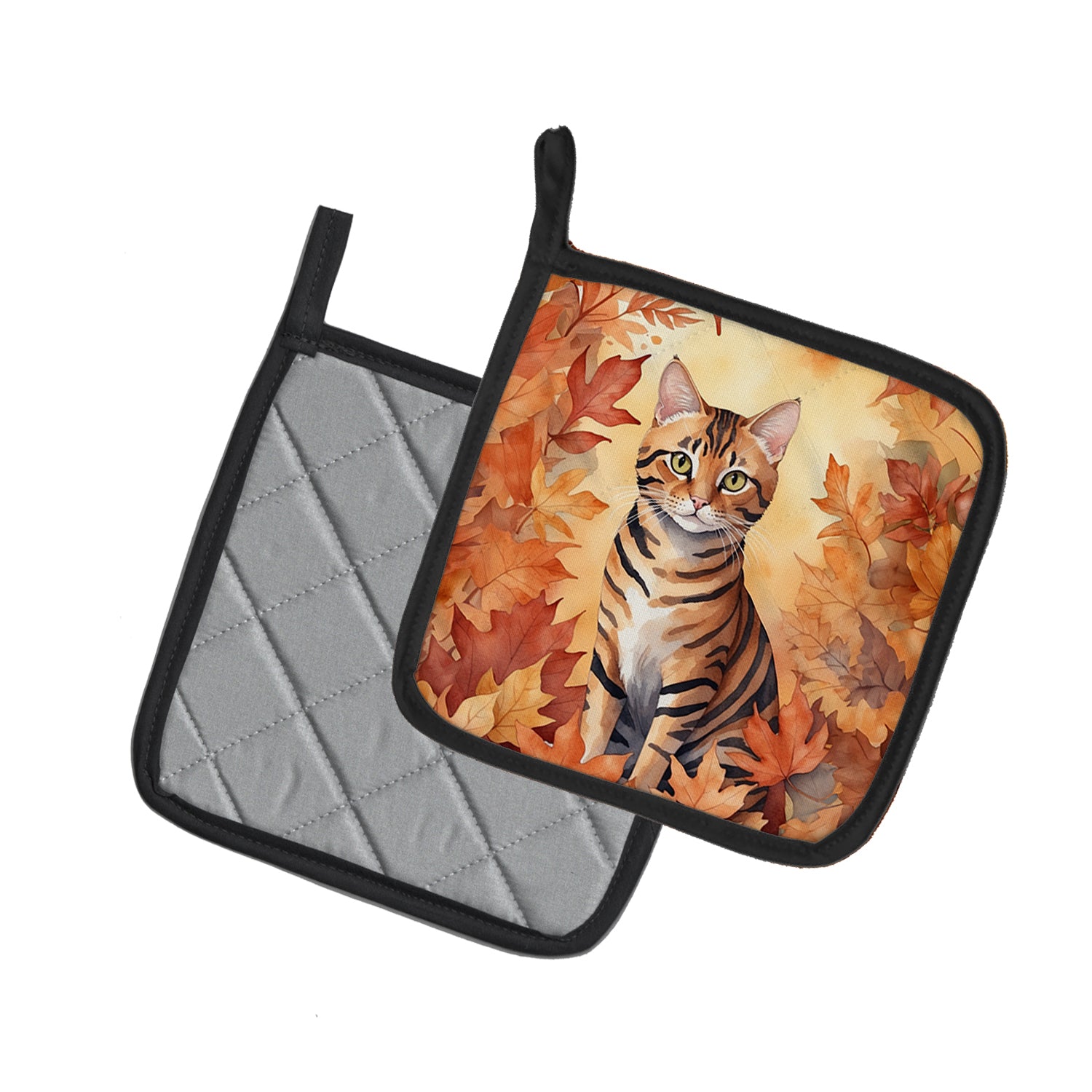 Caroline's Treasures Toyger Cat in Fall Leaves Pot Holders - Set of 2 Decorative Kitchen Helpers | Made in the USA