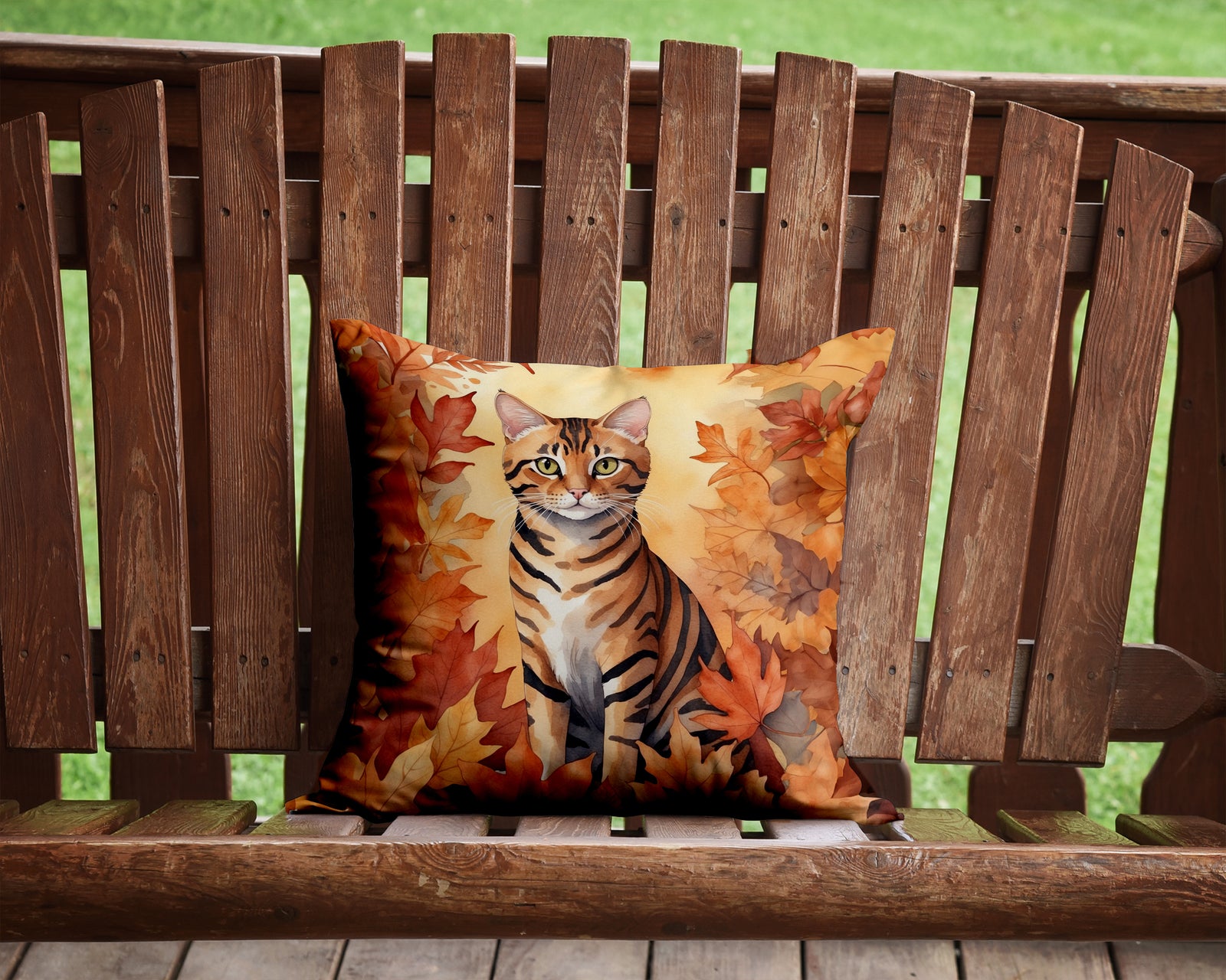 Caroline's Treasures Toyger Cat in Fall Leaves Throw Pillow - 14x14 Decorative Pillow – Art for Your Home & Patio