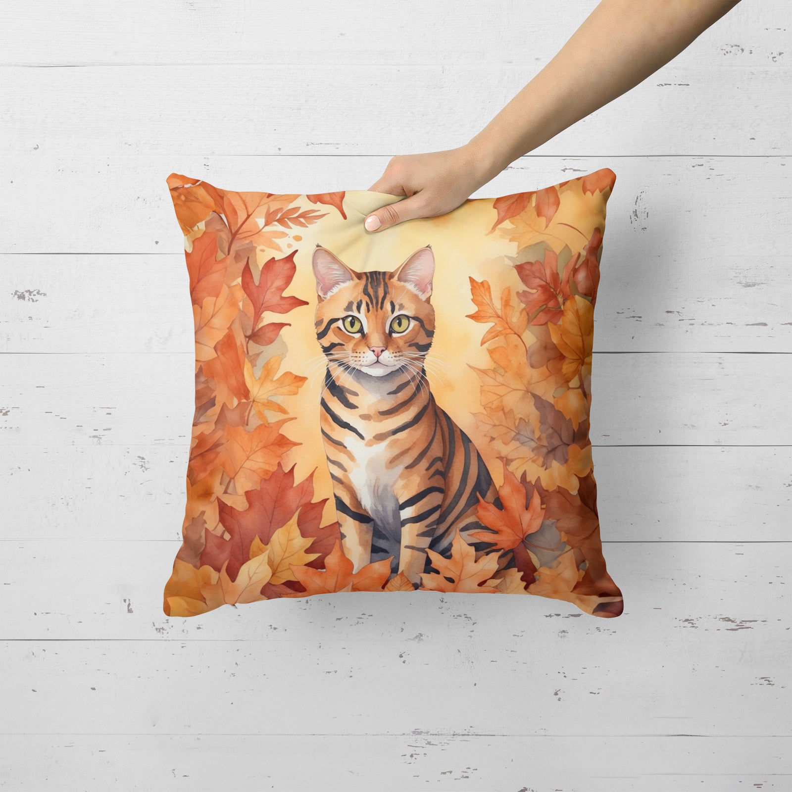 Caroline's Treasures Toyger Cat in Fall Leaves Throw Pillow