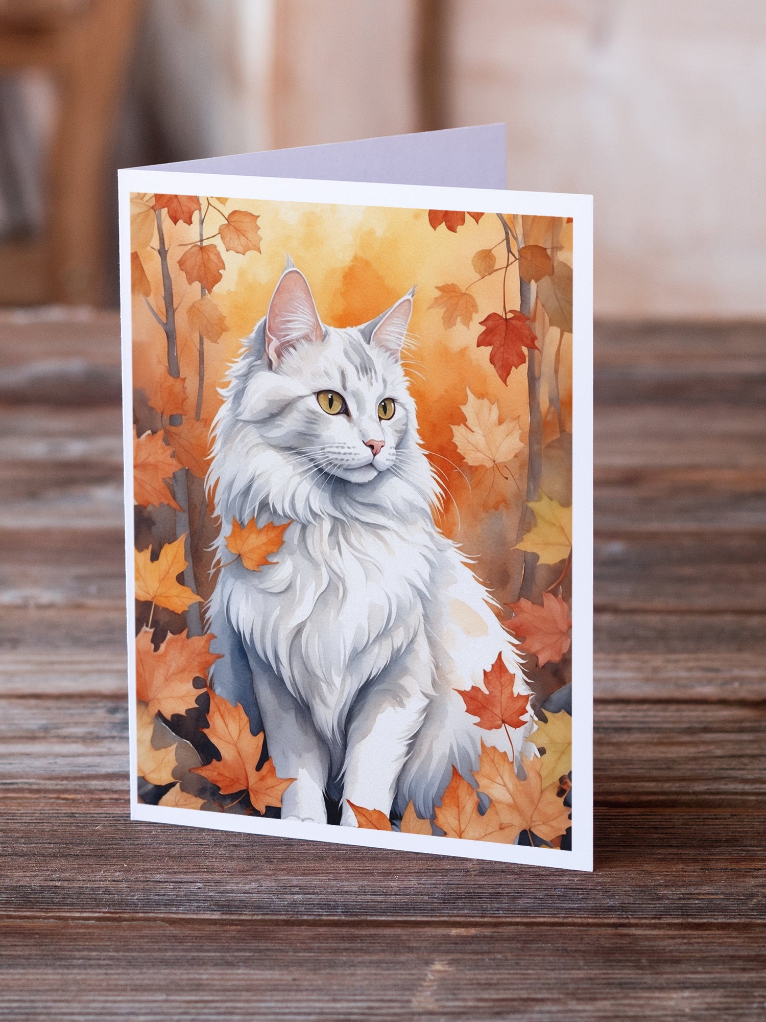 Caroline's Treasures Turkish Angora Cat in Fall Leaves Greeting Cards - Blank Note Cards – 8-Pack of Artist-Designed Cards with Envelopes