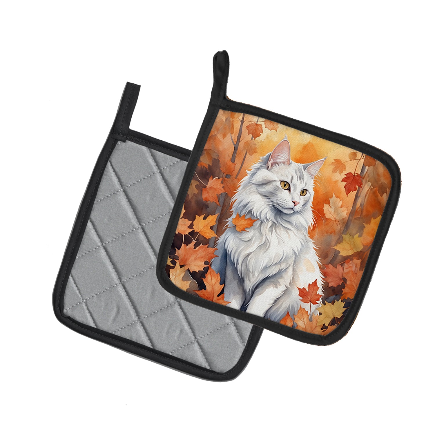 Caroline's Treasures Turkish Angora Cat in Fall Leaves Pot Holders - Set of 2 Decorative Kitchen Helpers | Made in the USA