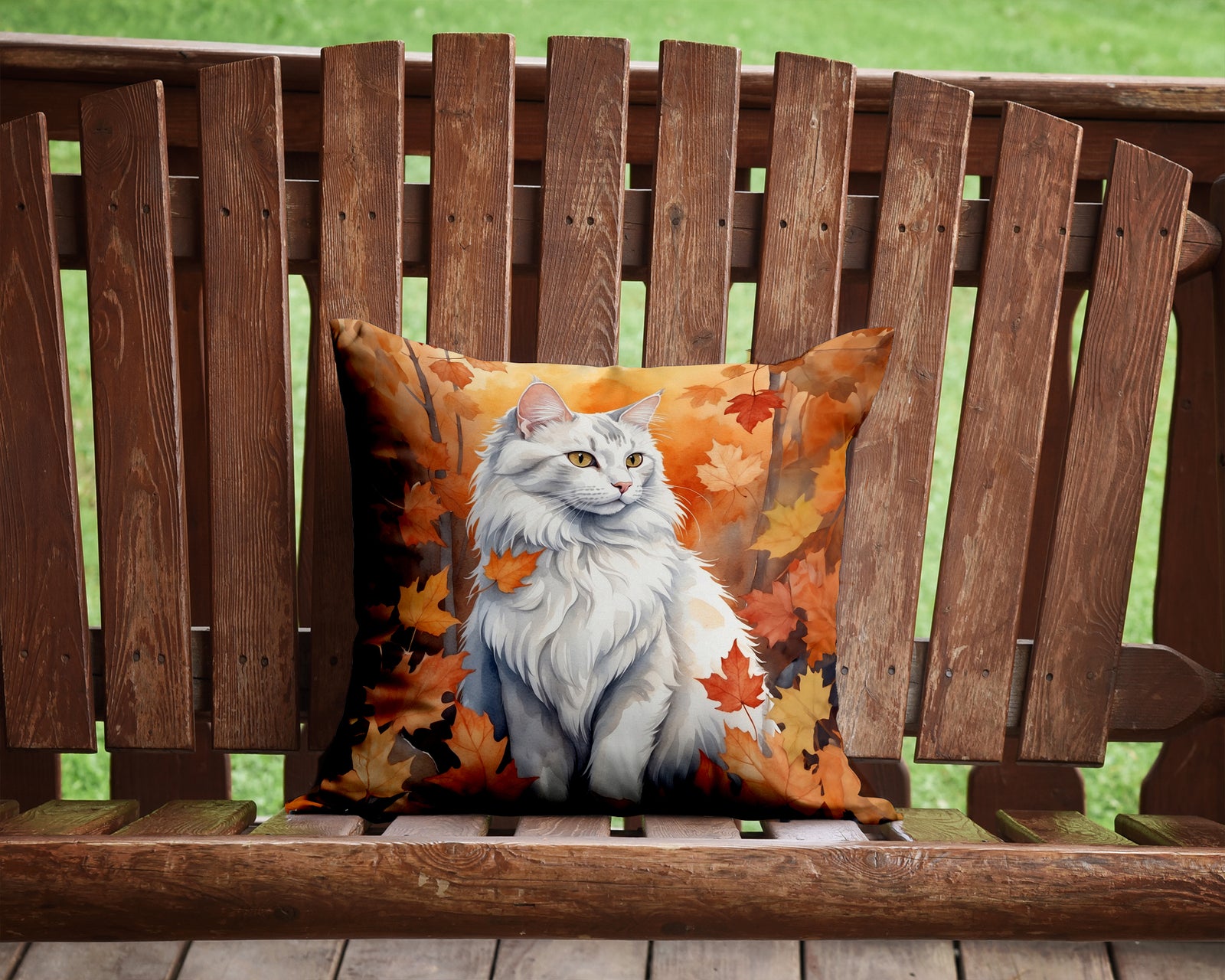 Caroline's Treasures Turkish Angora Cat in Fall Leaves Throw Pillow - 14x14 Decorative Pillow – Art for Your Home & Patio