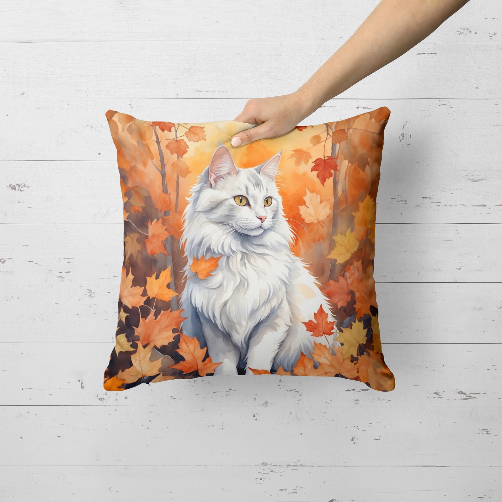 Caroline's Treasures Turkish Angora Cat in Fall Leaves Throw Pillow
