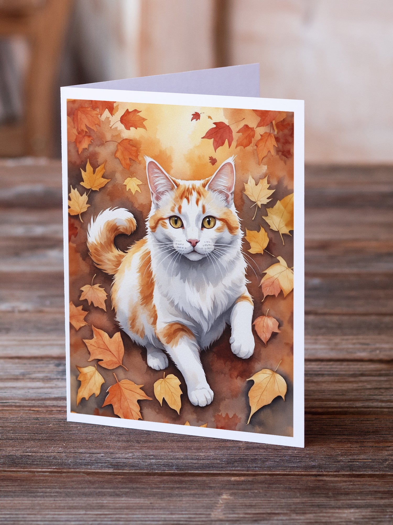 Caroline's Treasures Turkish Van Cat in Fall Leaves Greeting Cards - Blank Note Cards – 8-Pack of Artist-Designed Cards with Envelopes