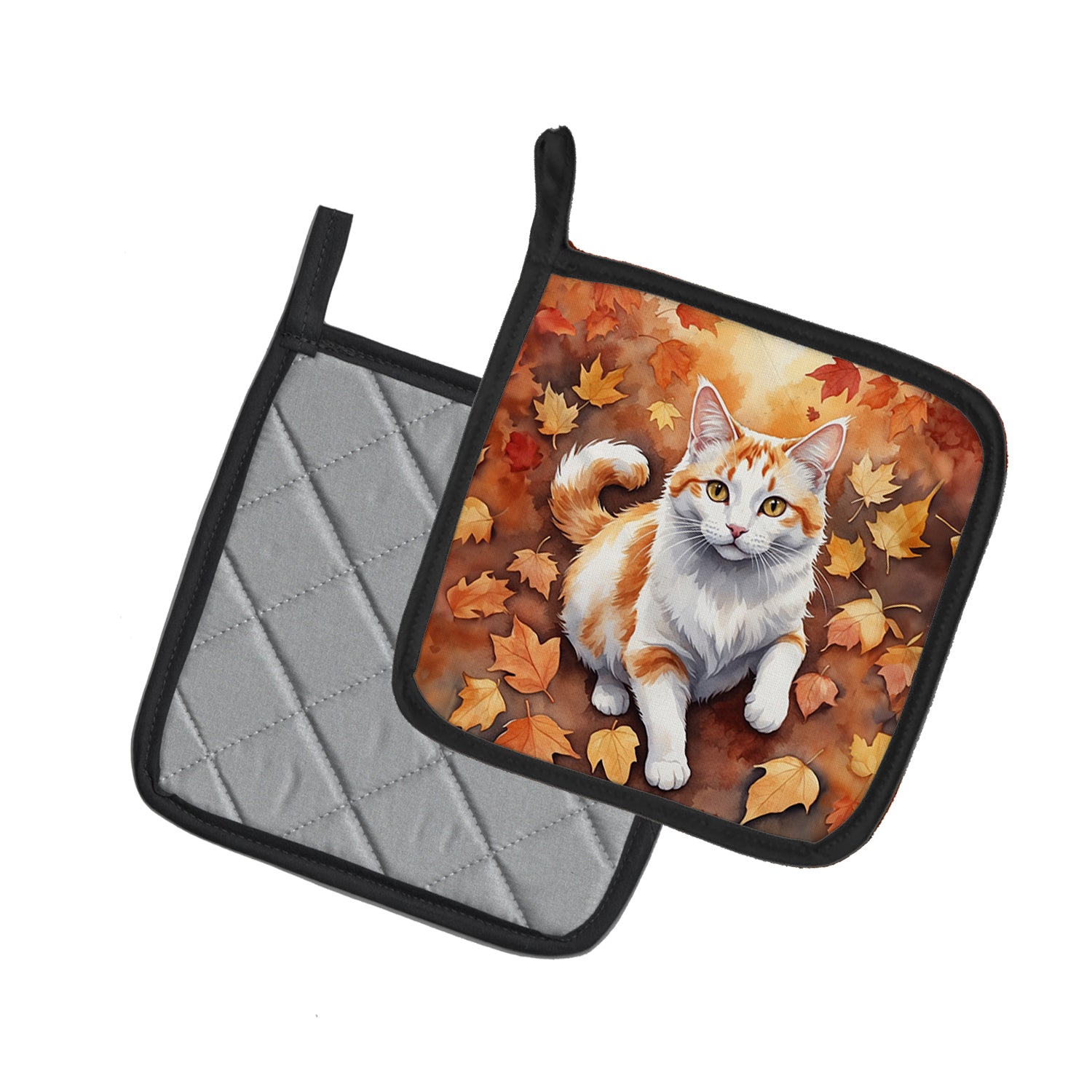 Caroline's Treasures Turkish Van Cat in Fall Leaves Pot Holders - Set of 2 Decorative Kitchen Helpers | Made in the USA